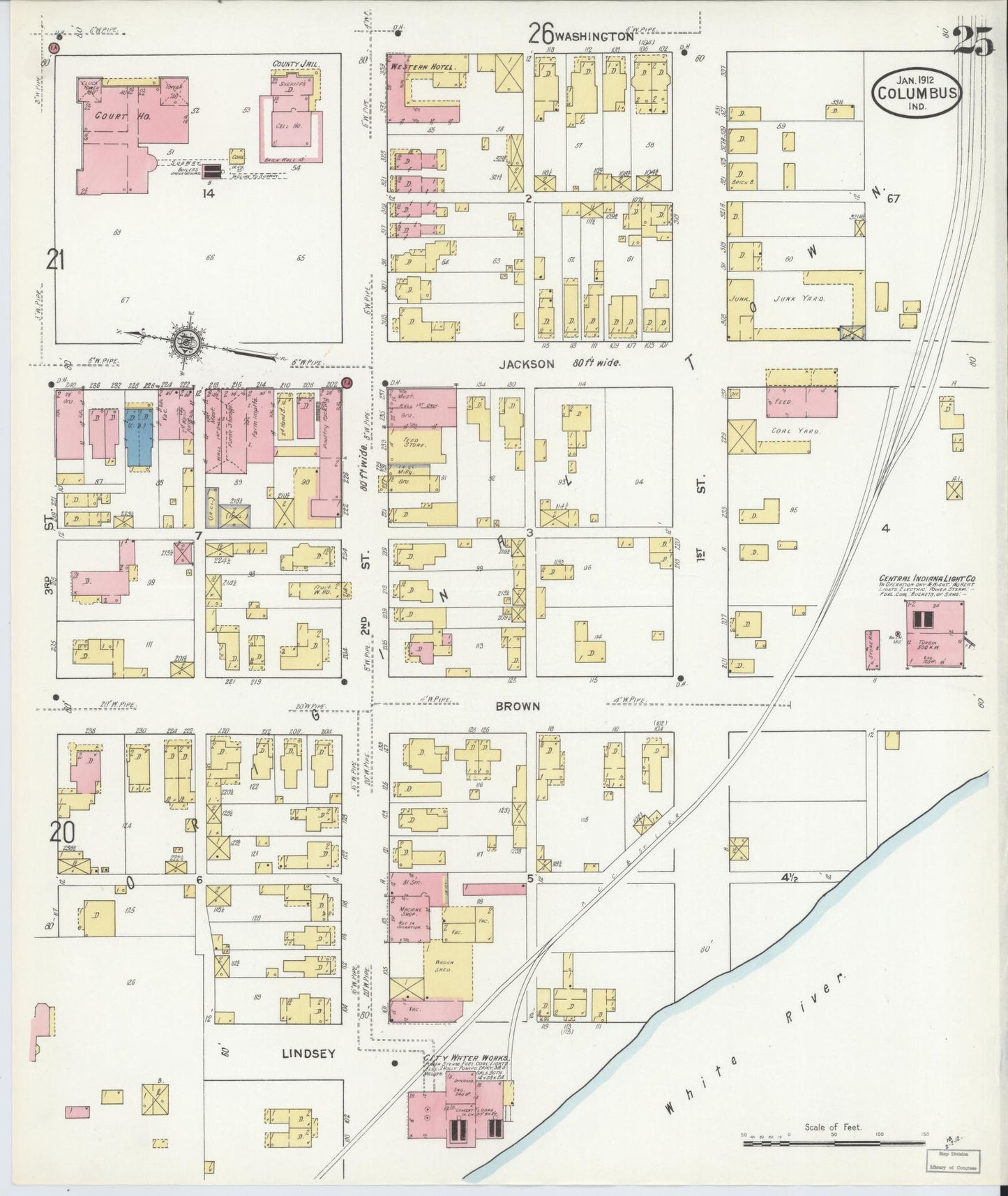 Sanborn Fire Insurance Map from Columbus, Bartholomew County, Indiana (1912), Sheet #0025 - Historic Sanborn Fire Insurance Map Print, vintage old map wall art, antique decor, genealogy gift, Indiana Indiana map