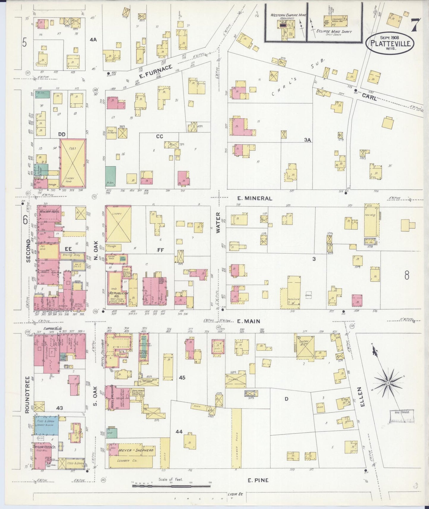 Sanborn Fire Insurance Map from Platteville, Grant County, Wisconsin (1908), Sheet #0007 - Historic Sanborn Fire Insurance Map Print, vintage old map wall art, antique decor, genealogy gift, Wisconsin Wisconsin map