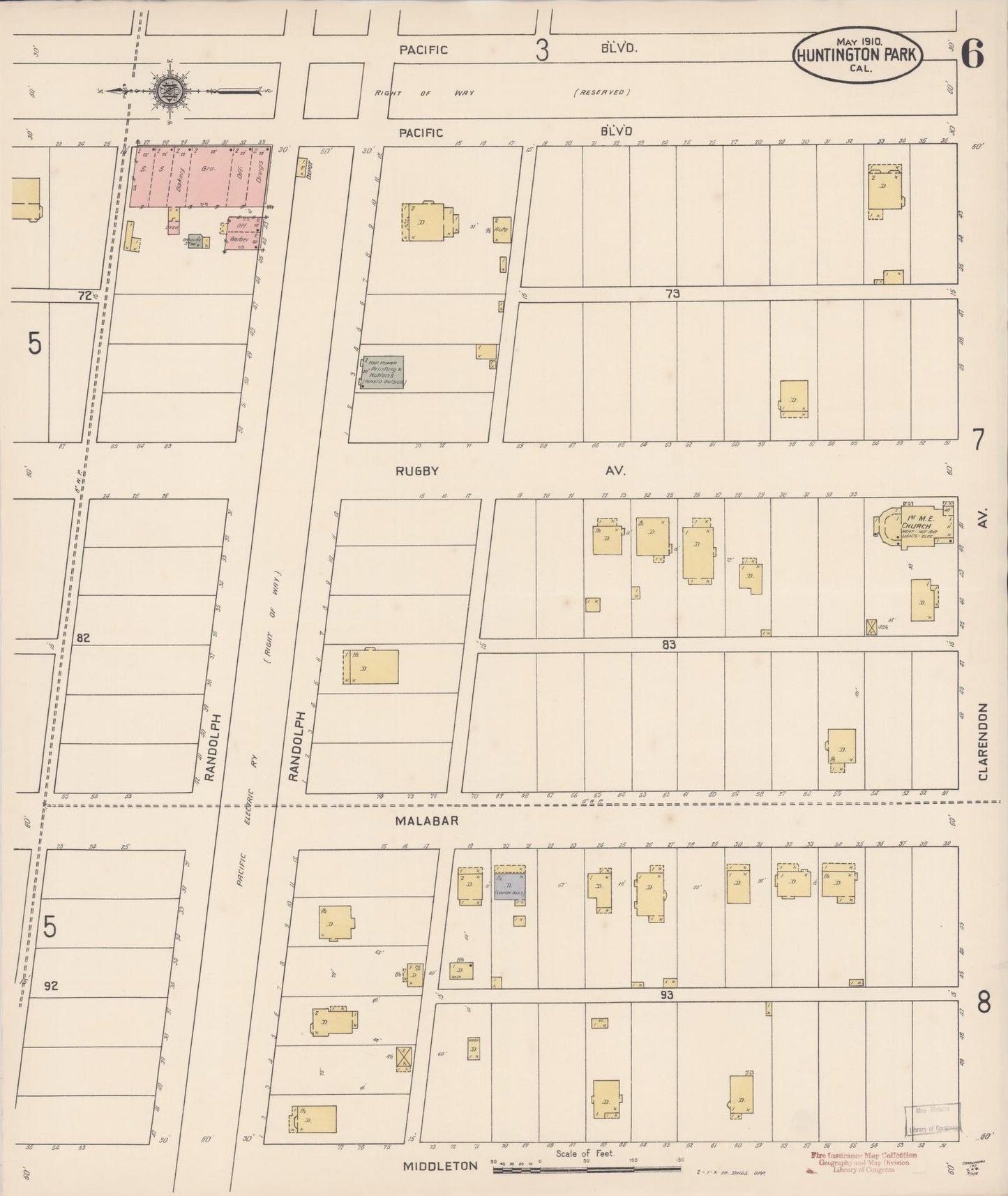Sanborn Fire Insurance Map from Huntington Park, Los Angeles County, California (1910), Sheet #0006 - Historic Sanborn Fire Insurance Map Print, vintage old map wall art, antique decor, genealogy gift, California California map