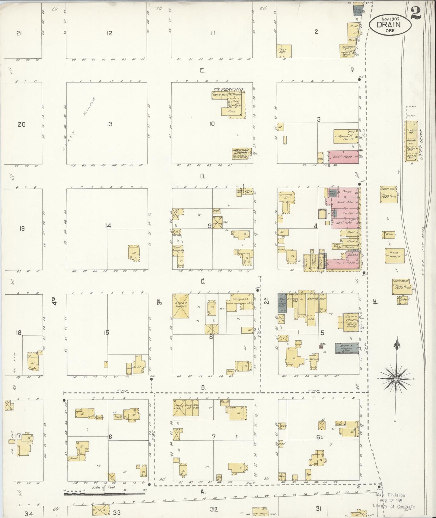 Sanborn Fire Insurance Map from Drain, Douglas County, Oregon (1907), Sheet #0002 - Complete Map Set gallery image, historic Sanborn map, vintage wall art, Oregon Oregon