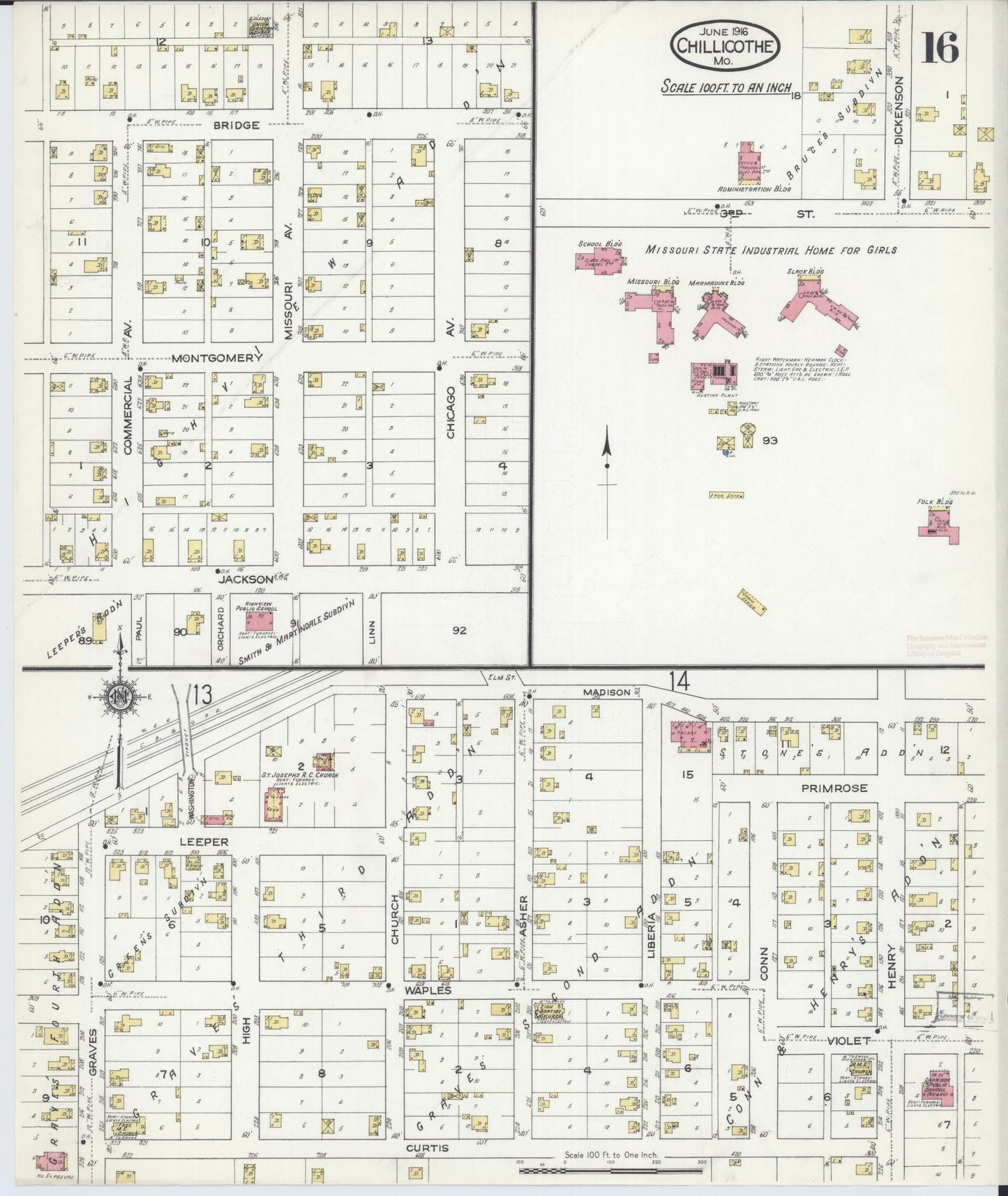 Sanborn Fire Insurance Map from Chillicothe, Livingston County, Missouri (1916), Sheet #0016 - Historic Sanborn Fire Insurance Map Print, vintage old map wall art, antique decor, genealogy gift, Missouri Missouri map