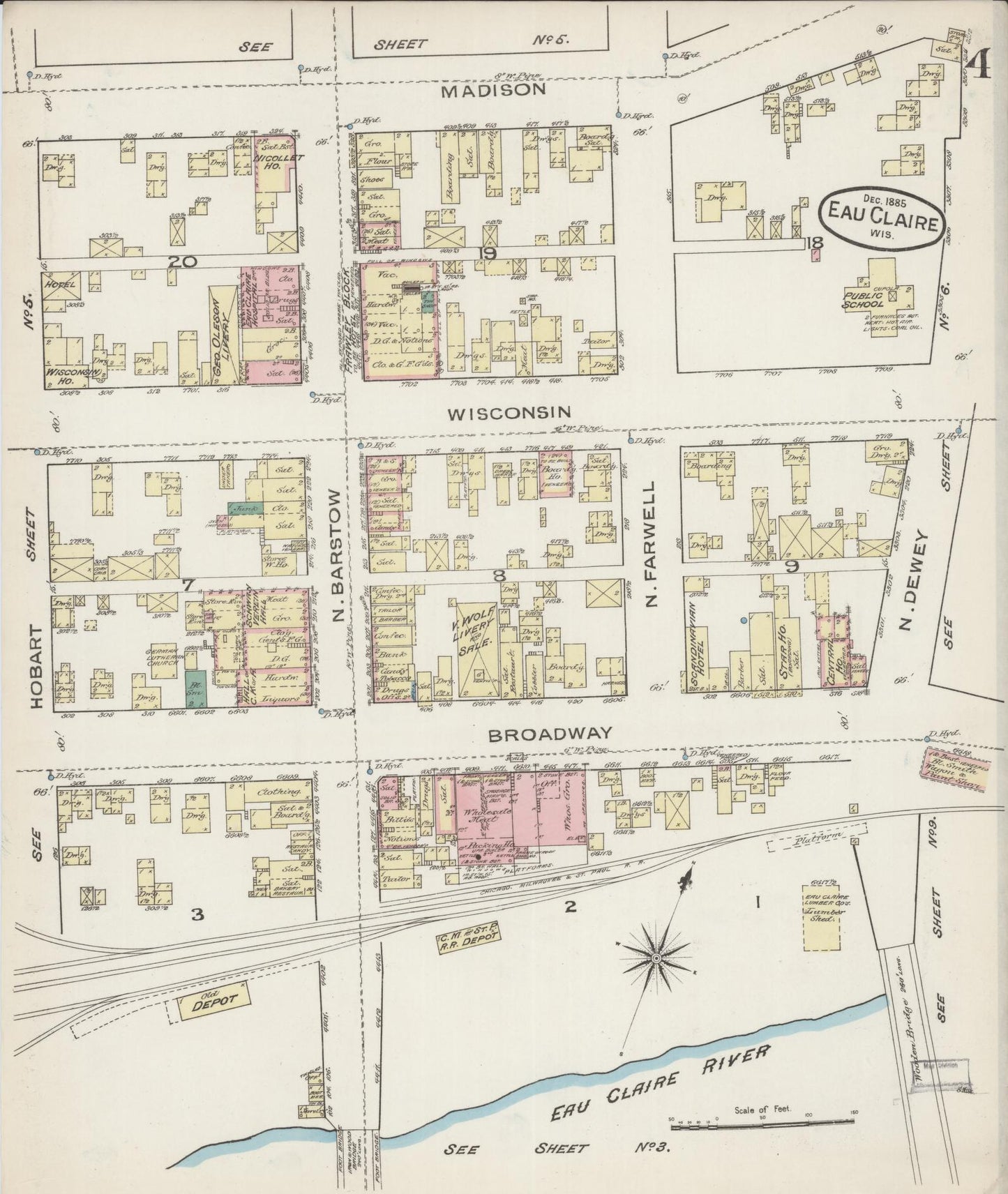 Sanborn Fire Insurance Map from Eau Claire, Eau Claire County, Wisconsin (1885), Sheet #0004 - Historic Sanborn Fire Insurance Map Print, vintage old map wall art, antique decor, genealogy gift, Wisconsin Wisconsin map