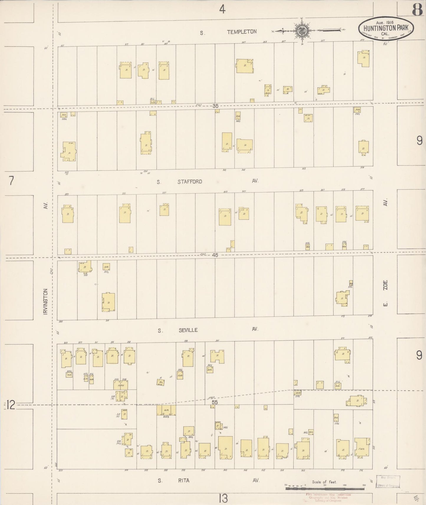 Sanborn Fire Insurance Map from Huntington Park, Los Angeles County, California (1916), Sheet #0008 - Historic Sanborn Fire Insurance Map Print, vintage old map wall art, antique decor, genealogy gift, California California map