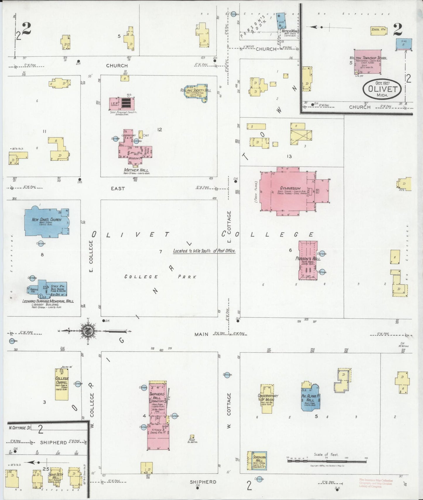 Sanborn Fire Insurance Map from Olivet, Eaton County, Michigan (1927), Sheet #0002 - Complete Map Set gallery image, historic Sanborn map, vintage wall art, Michigan Michigan