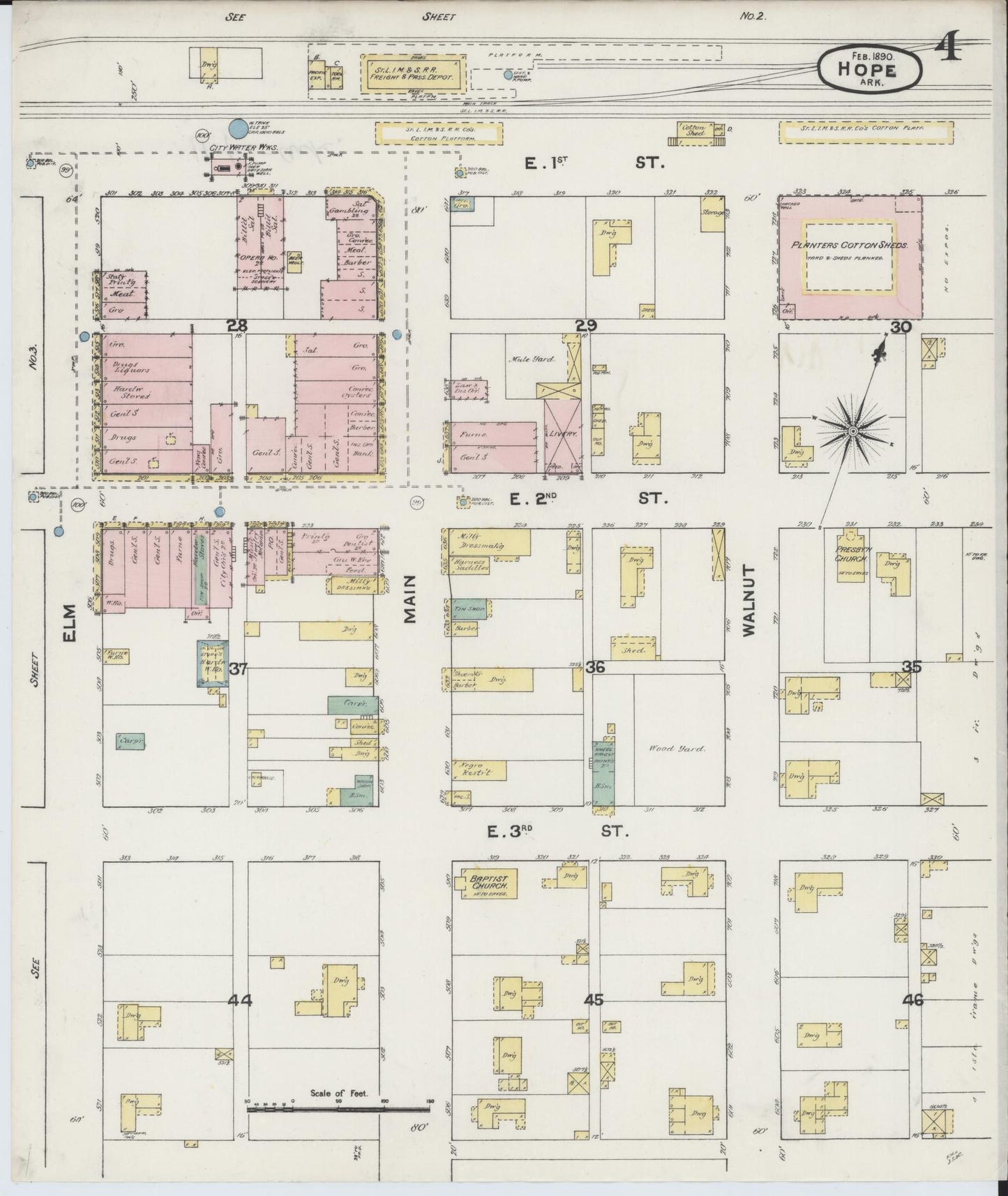 Sanborn Fire Insurance Map from Hope, Hempstead County, Arkansas (1890), Sheet #0004 - Historic Sanborn Fire Insurance Map Print, vintage old map wall art, antique decor, genealogy gift, Arkansas Arkansas map