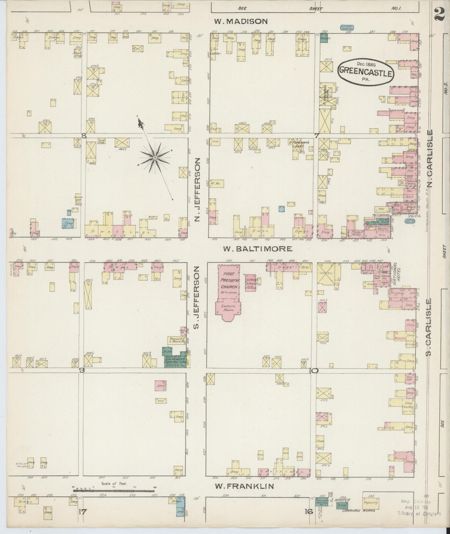 Sanborn Fire Insurance Map from Greencastle, Franklin County, Pennsylvania (1885), Sheet #0002 - Historic Sanborn Fire Insurance Map Print, vintage old map wall art, antique decor, genealogy gift, Pennsylvania Pennsylvania map
