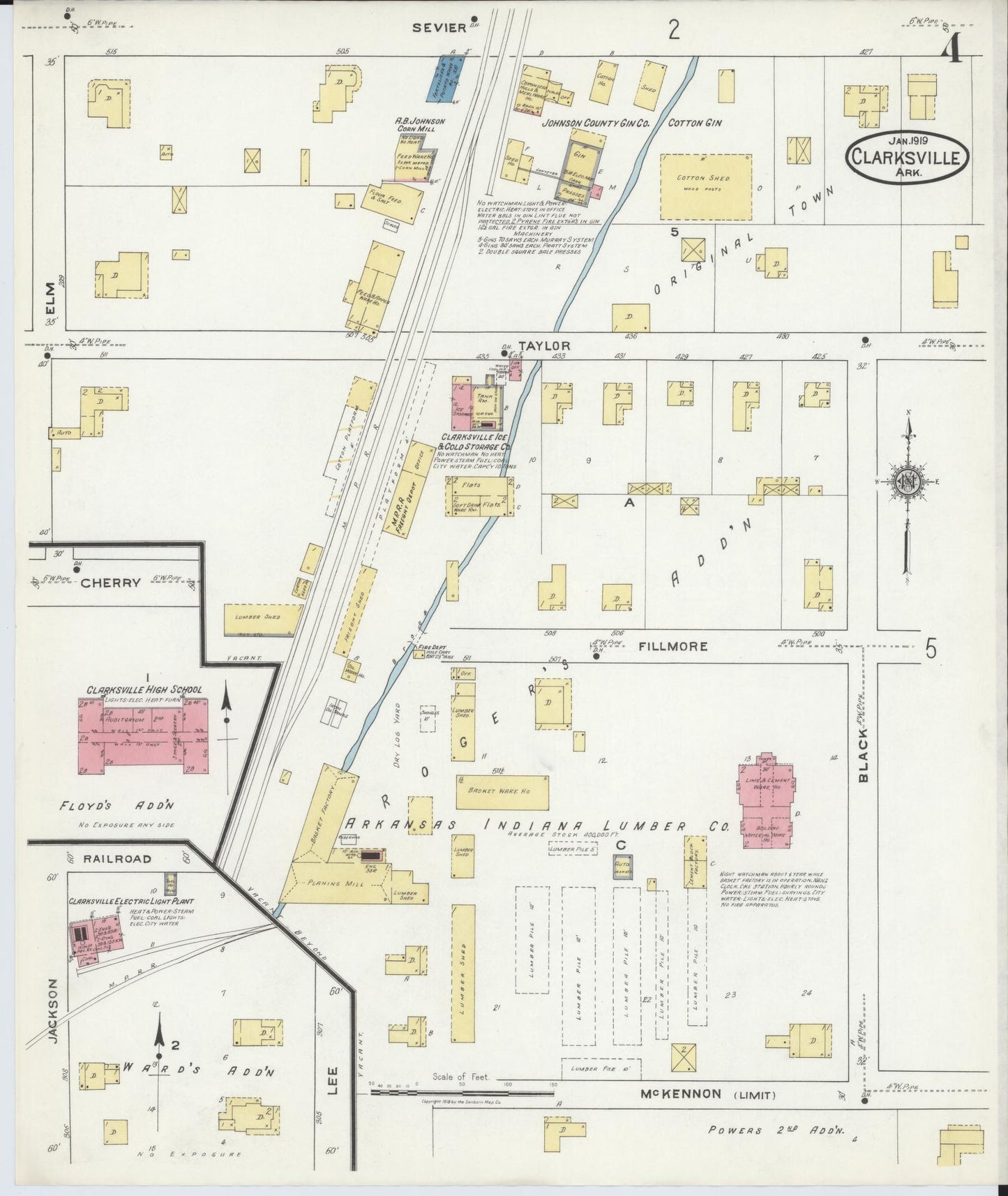 Sanborn Fire Insurance Map from Clarksville, Johnson County, Arkansas (1919), Sheet #0004 - Historic Sanborn Fire Insurance Map Print, vintage old map wall art, antique decor, genealogy gift, Arkansas Arkansas map