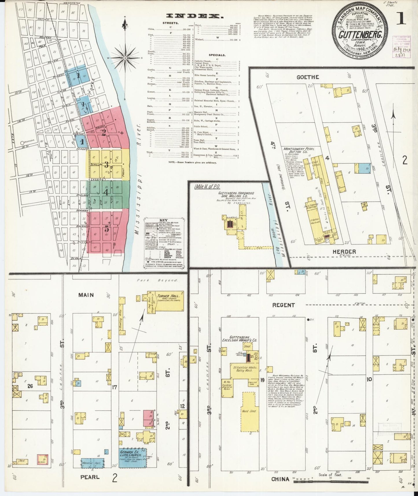 Sanborn Fire Insurance Map from Guttenberg, Clayton County, Iowa (1902), Sheet #0001 - Historic Sanborn Fire Insurance Map Print, vintage old map wall art