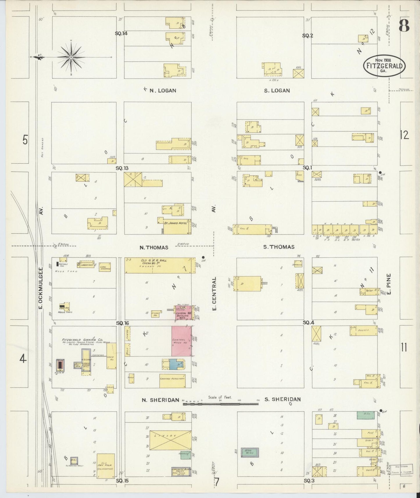Sanborn Fire Insurance Map from Fitzgerald, Ben Hill County, Georgia (1908), Sheet #0008 - Historic Sanborn Fire Insurance Map Print, vintage old map wall art, antique decor, genealogy gift, Georgia Georgia map