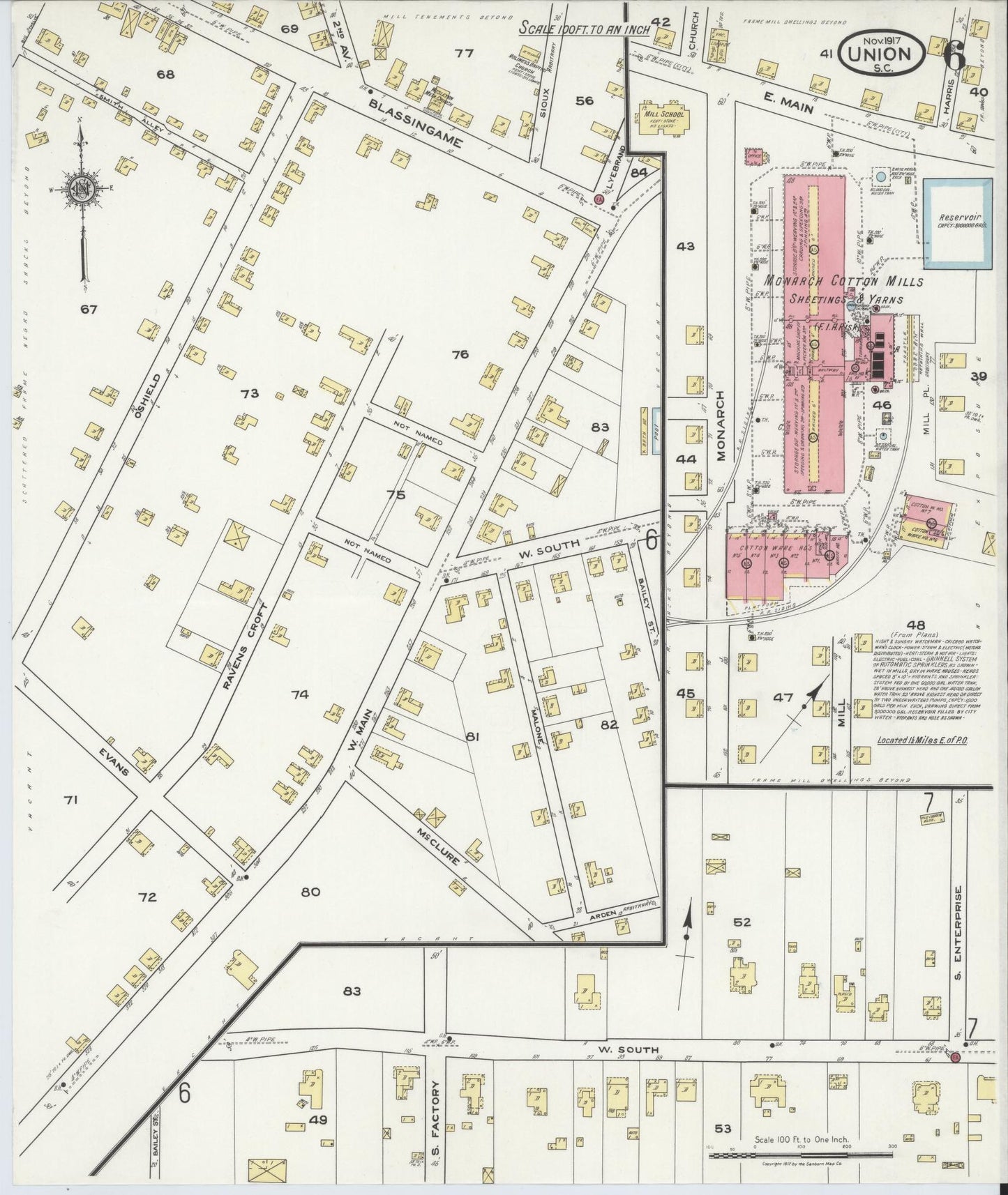 Sanborn Fire Insurance Map from Union, Union County, South Carolina (1917), Sheet #0006 - Historic Sanborn Fire Insurance Map Print, vintage old map wall art, antique decor, genealogy gift, South Carolina South Carolina map