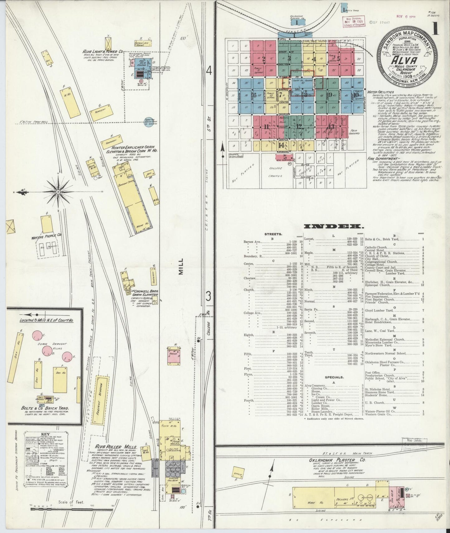 Sanborn Fire Insurance Map from Alva, Woods County, Oklahoma (1909), Sheet #0001 - Historic Sanborn Fire Insurance Map Print, vintage old map wall art, antique decor, genealogy gift, Oklahoma Oklahoma map
