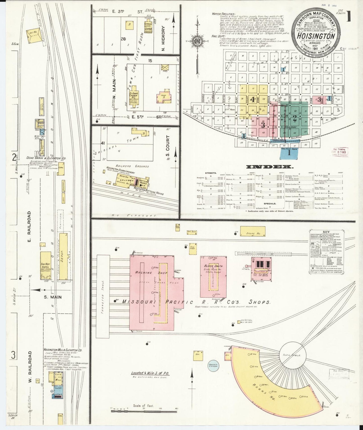 Sanborn Fire Insurance Map from Hoisington, Barton County, Kansas (1911), Sheet #0001 - Historic Sanborn Fire Insurance Map Print, vintage old map wall art, antique decor, genealogy gift, Kansas Kansas map