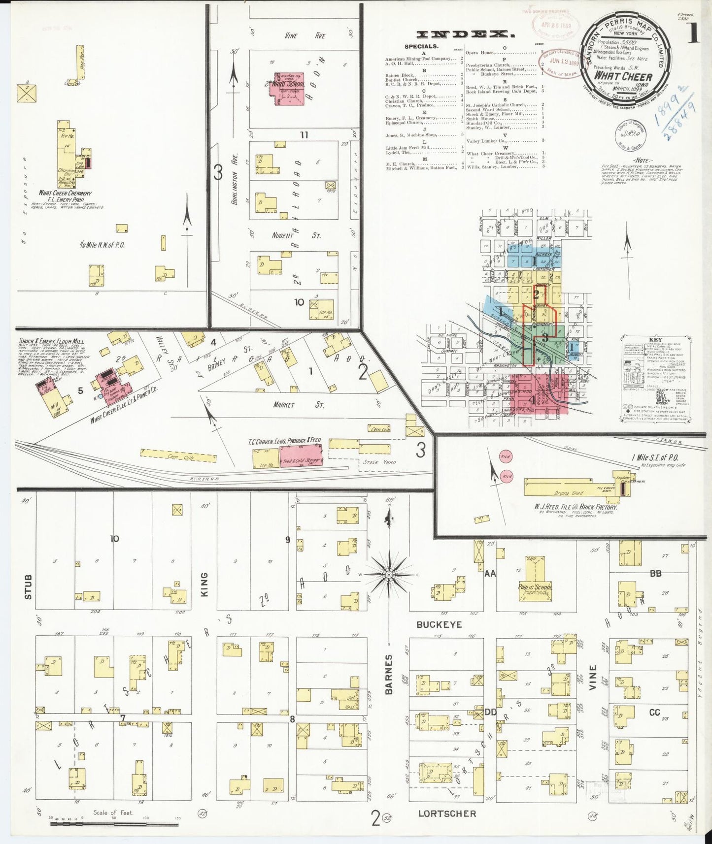 Sanborn Fire Insurance Map from What Cheer, Keokuk County, Iowa (1899), Sheet #0001 - Historic Sanborn Fire Insurance Map Print