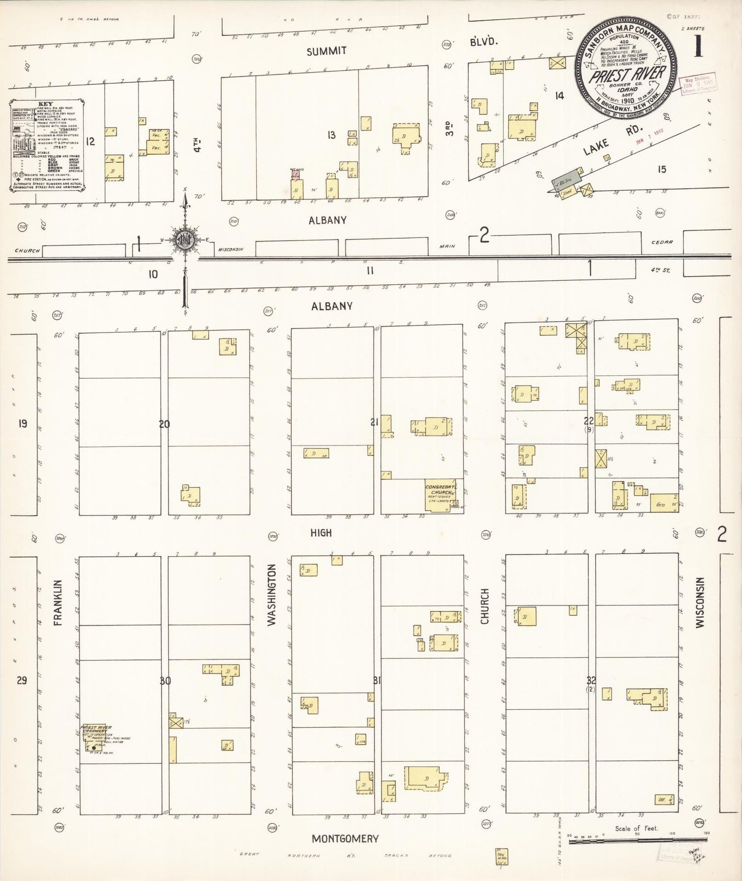 Sanborn Fire Insurance Map from Priest River, Bonner County, Idaho (1910), Sheet #0001 - Historic Sanborn Fire Insurance Map Print, vintage old map wall art, antique decor, genealogy gift, Idaho Idaho map