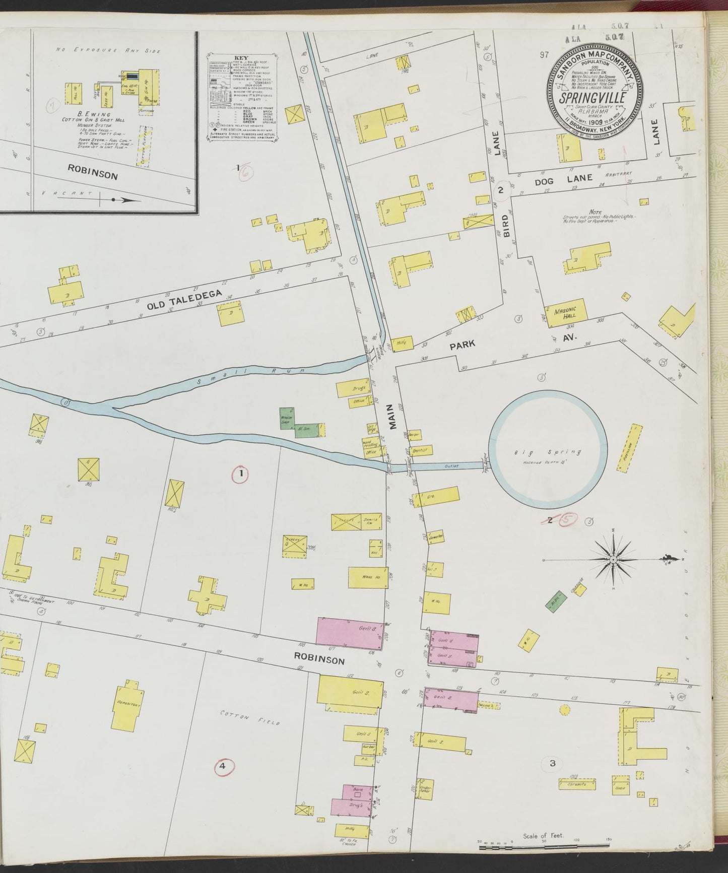 Sanborn Fire Insurance Map from Springville, Saint Clair County, Alabama (1909), Sheet #0001 - Complete Map Set gallery image, historic Sanborn map, vintage wall art, Alabama Alabama