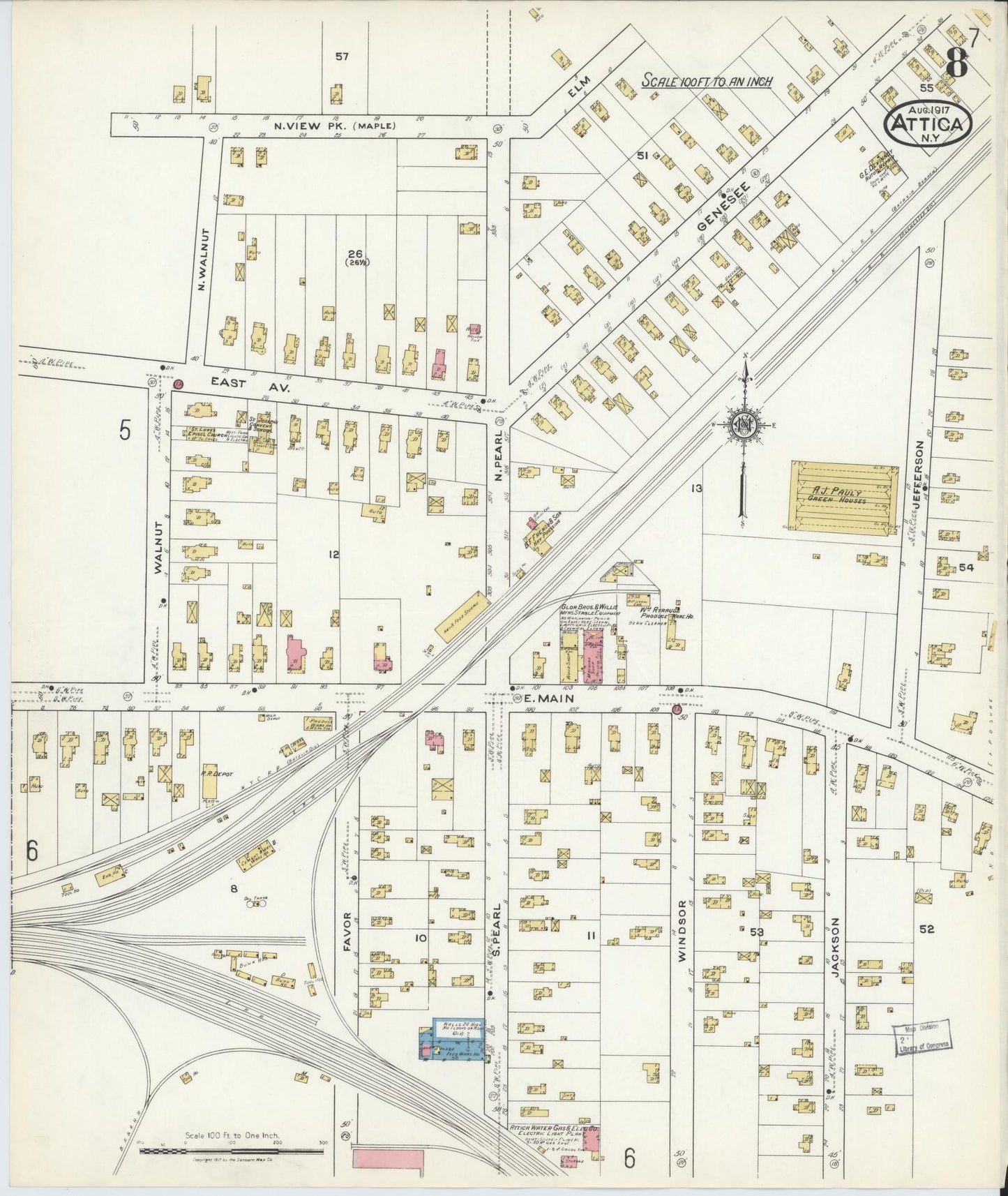 Sanborn Fire Insurance Map from Attica, Wyoming County, New York (1917), Sheet #0008 - Complete Map Set gallery image, historic Sanborn map, vintage wall art, Attica Wyoming