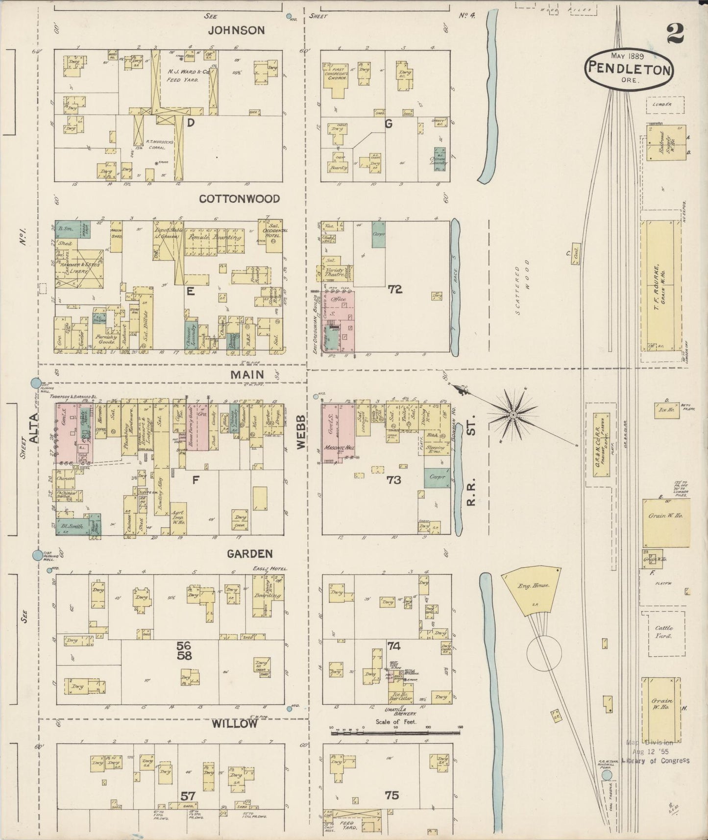 Sanborn Fire Insurance Map from Pendleton, Umatilla County, Oregon (1889), Sheet #0002 - Historic Sanborn Fire Insurance Map Print, vintage old map wall art, antique decor, genealogy gift, Oregon Oregon map