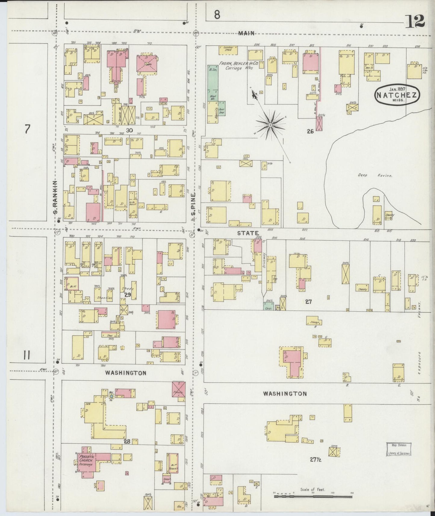 Sanborn Fire Insurance Map from Natchez, Adams County, Mississippi (1897), Sheet #0012 - Historic Sanborn Fire Insurance Map Print, vintage old map wall art, antique decor, genealogy gift, Mississippi Mississippi map