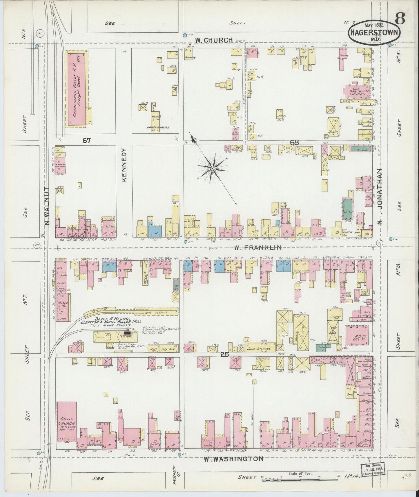 Washington, Maryland - 1892 - Sanborn Fire Insurance Map, Sheet #0008 - Historic Sanborn Fire Insurance Map Print, Washington Maryland 1892 0008 vintage old map wall art