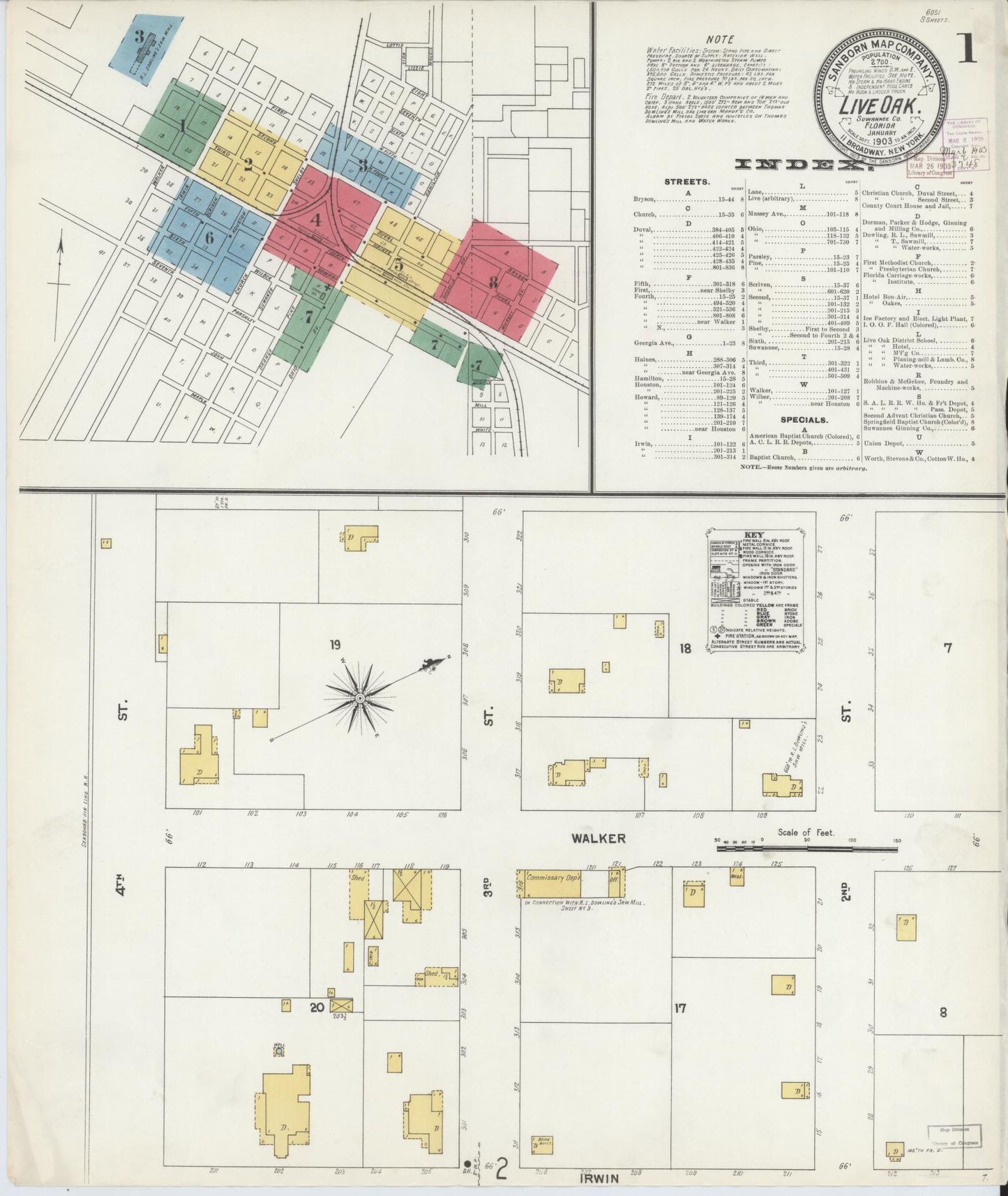 Sanborn Fire Insurance Map from Live Oak, Suwanee County, Florida (1903), Sheet #0001 - Historic Sanborn Fire Insurance Map Print, vintage old map wall art, antique decor, genealogy gift, Florida Florida map