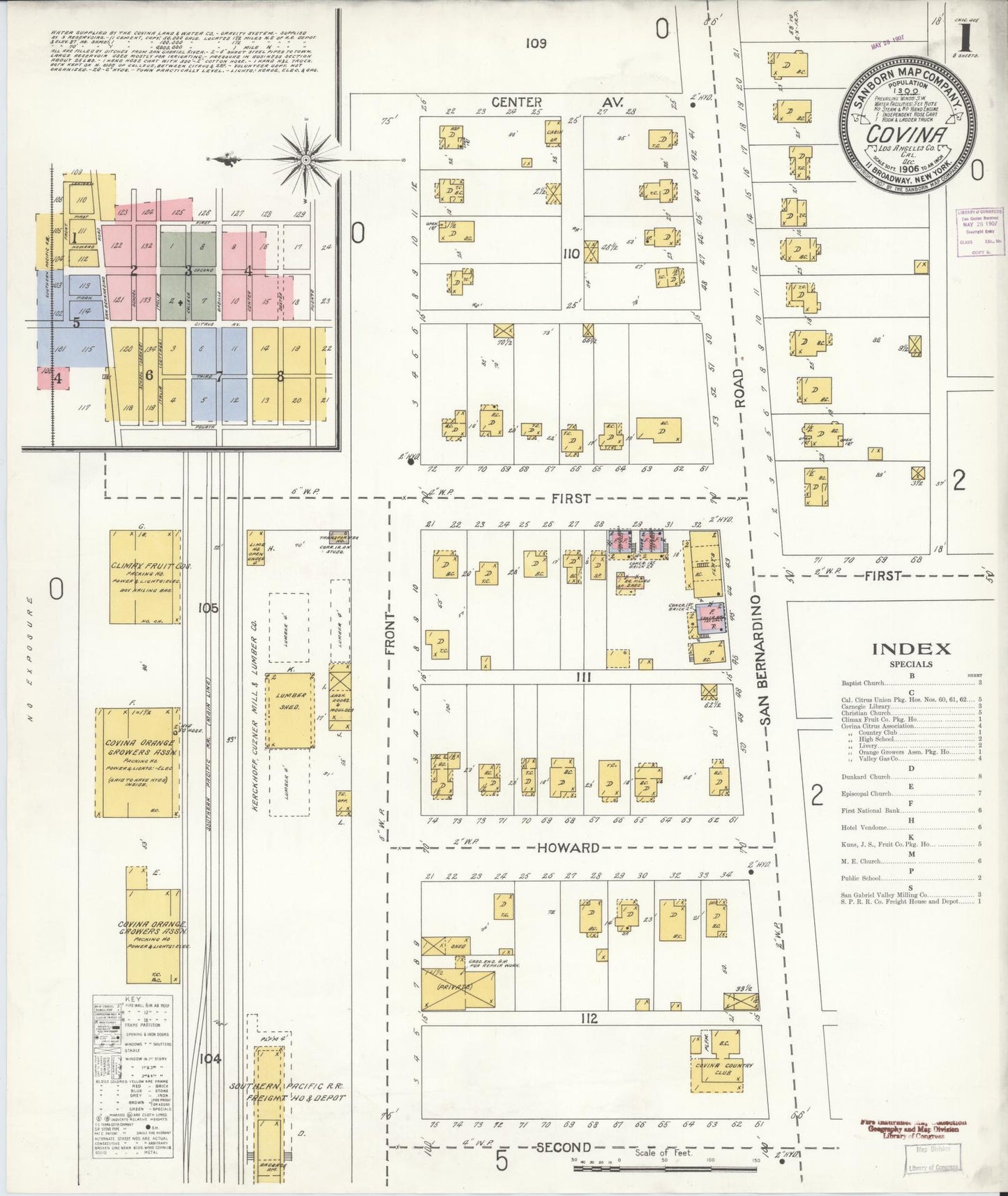 Sanborn Fire Insurance Map from Covina, Los Angeles County, California (1906), Sheet #0001 - Historic Sanborn Fire Insurance Map Print, vintage old map wall art, antique decor, genealogy gift, California California map