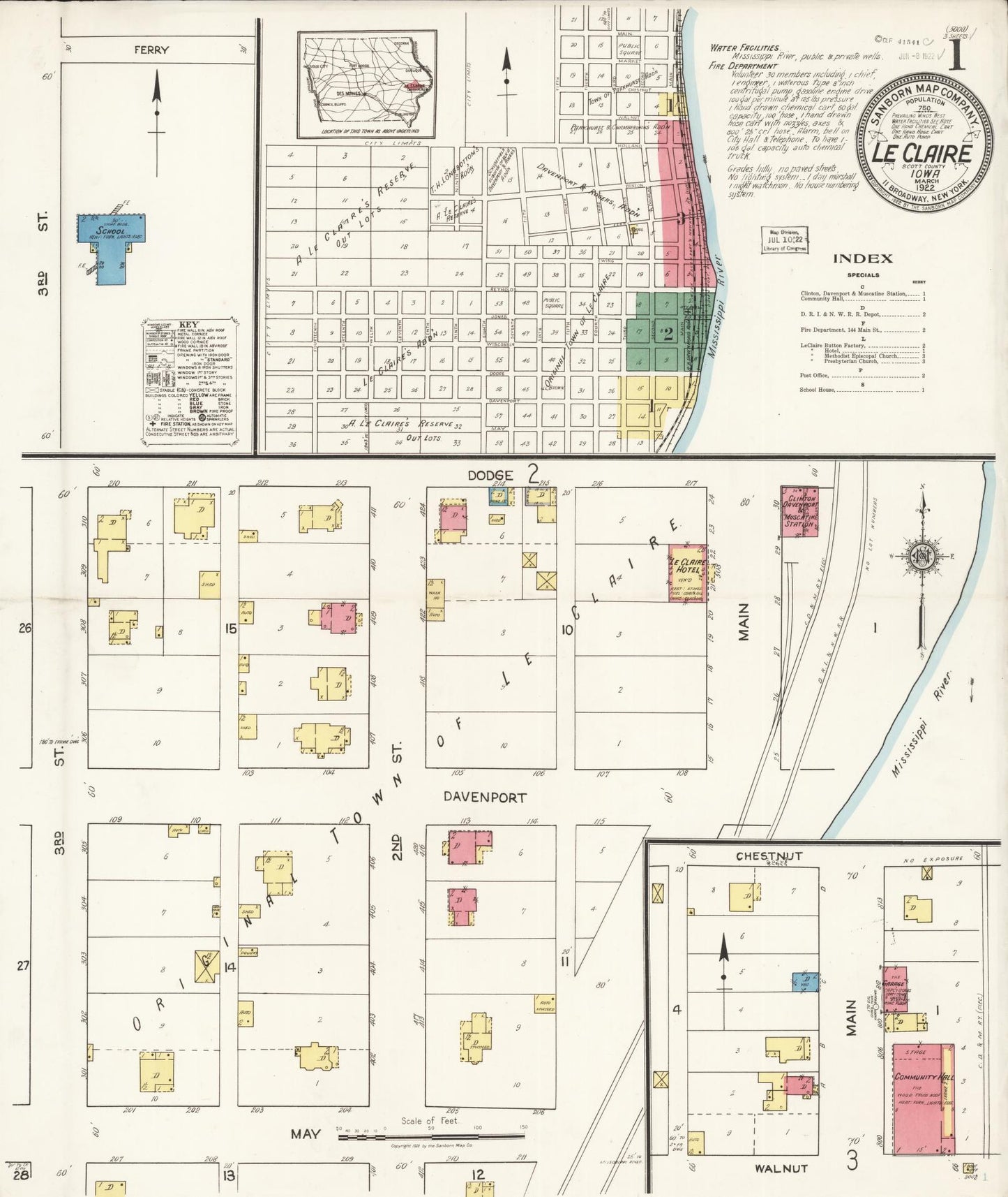 Sanborn Fire Insurance Map from Le Claire, Scott County, Iowa (1922), Sheet #0001 - Historic Sanborn Fire Insurance Map Print, vintage old map wall art