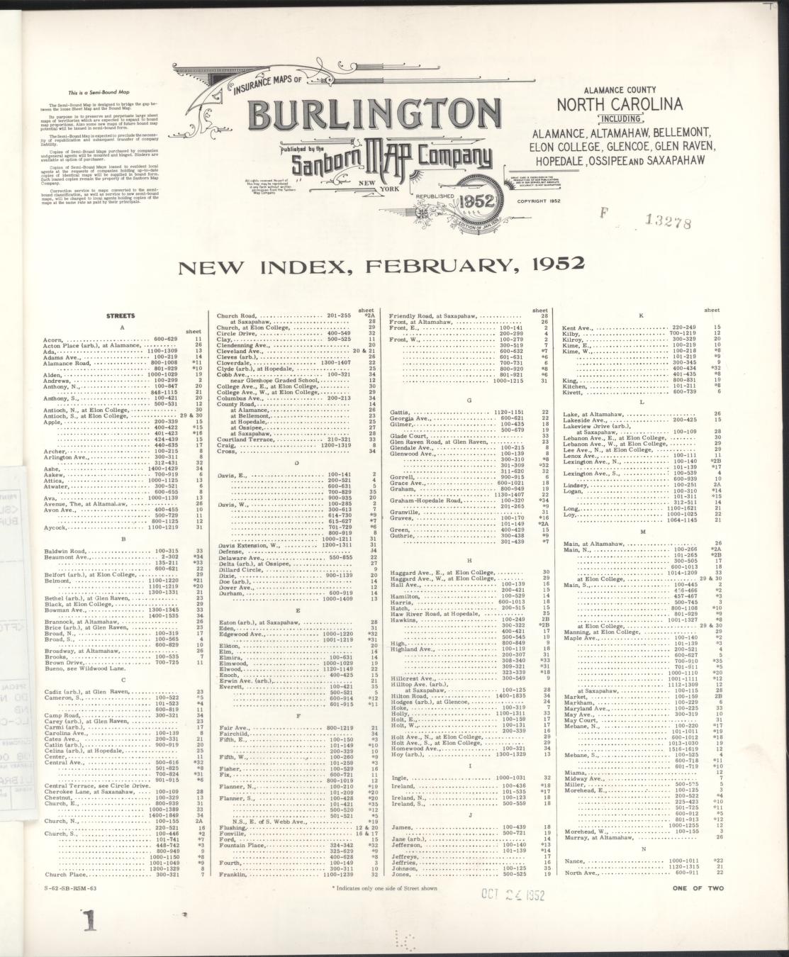 Sanborn Fire Insurance Map from Burlington, Alamance County, North Carolina (1952), Sheet #0001 - Historic Sanborn Fire Insurance Map Print, vintage old map wall art, antique decor, genealogy gift, North Carolina North Carolina map