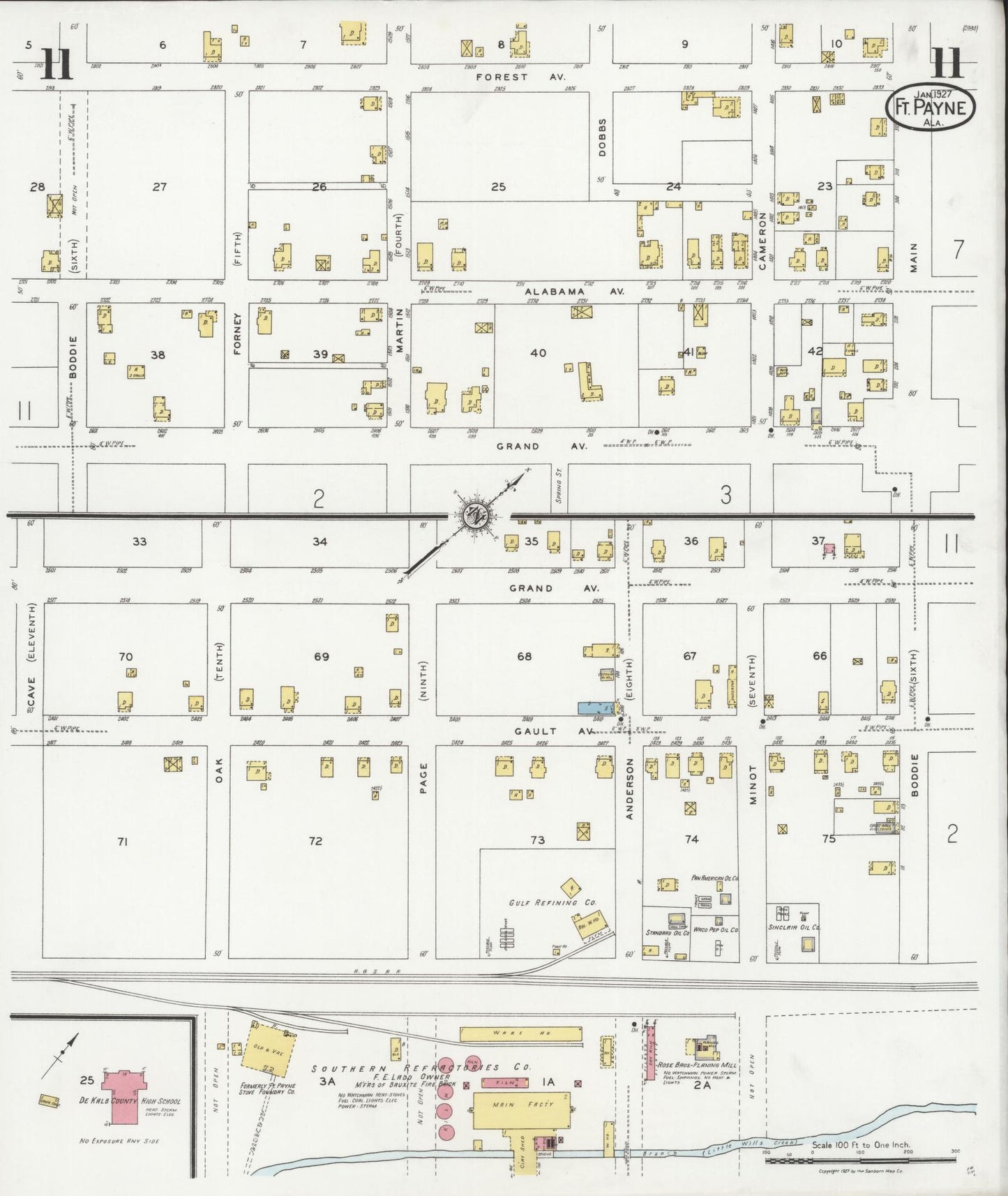 Sanborn Fire Insurance Map from Fort Payne, Dekalb County, Alabama (1927), Sheet #0011 - Historic Sanborn Fire Insurance Map Print, vintage old map wall art, antique decor, genealogy gift, Alabama Alabama map