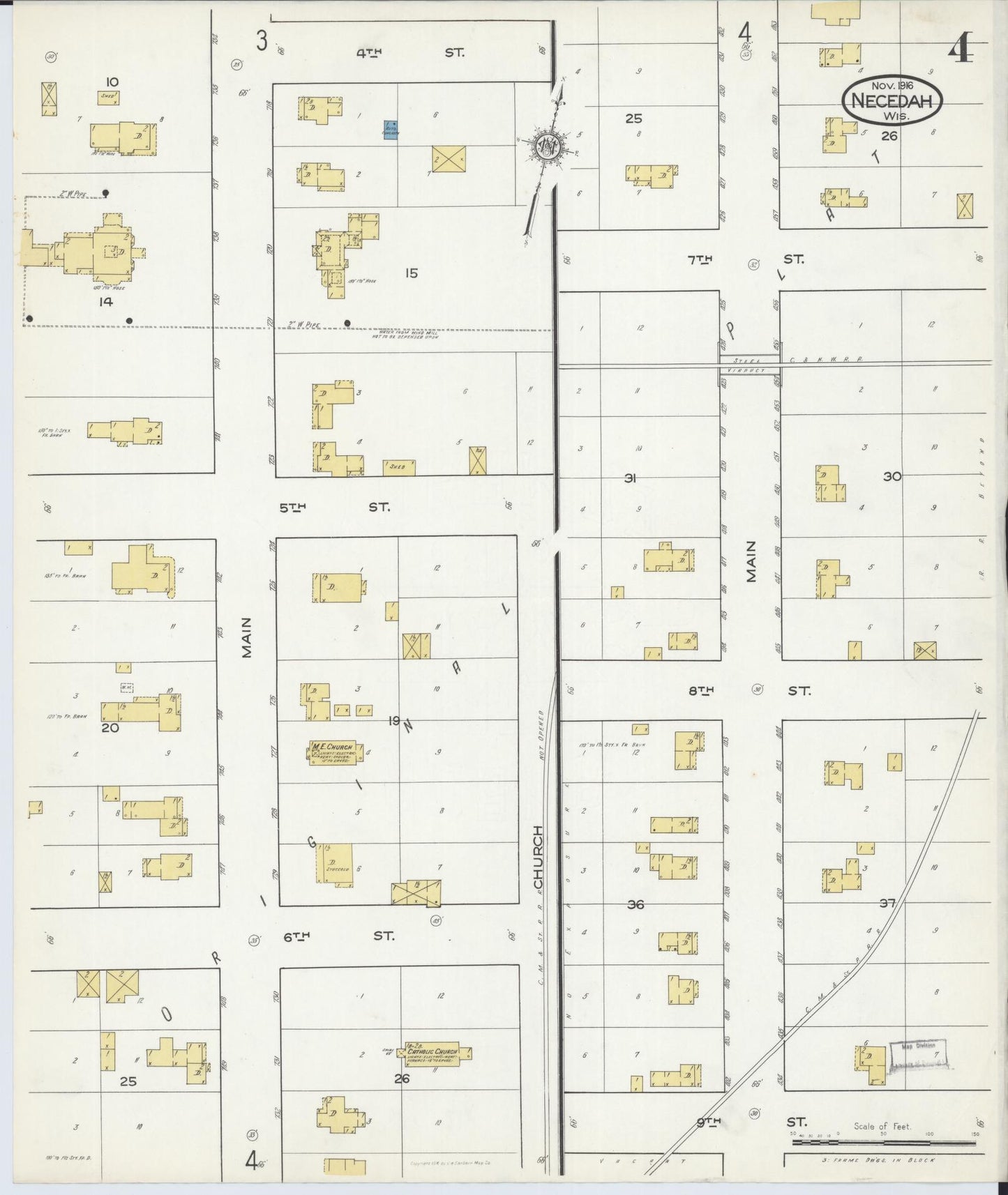 Sanborn Fire Insurance Map from Necedah, Juneau County, Wisconsin (1916), Sheet #0004 - Historic Sanborn Fire Insurance Map Print, vintage old map wall art, antique decor, genealogy gift, Wisconsin Wisconsin map
