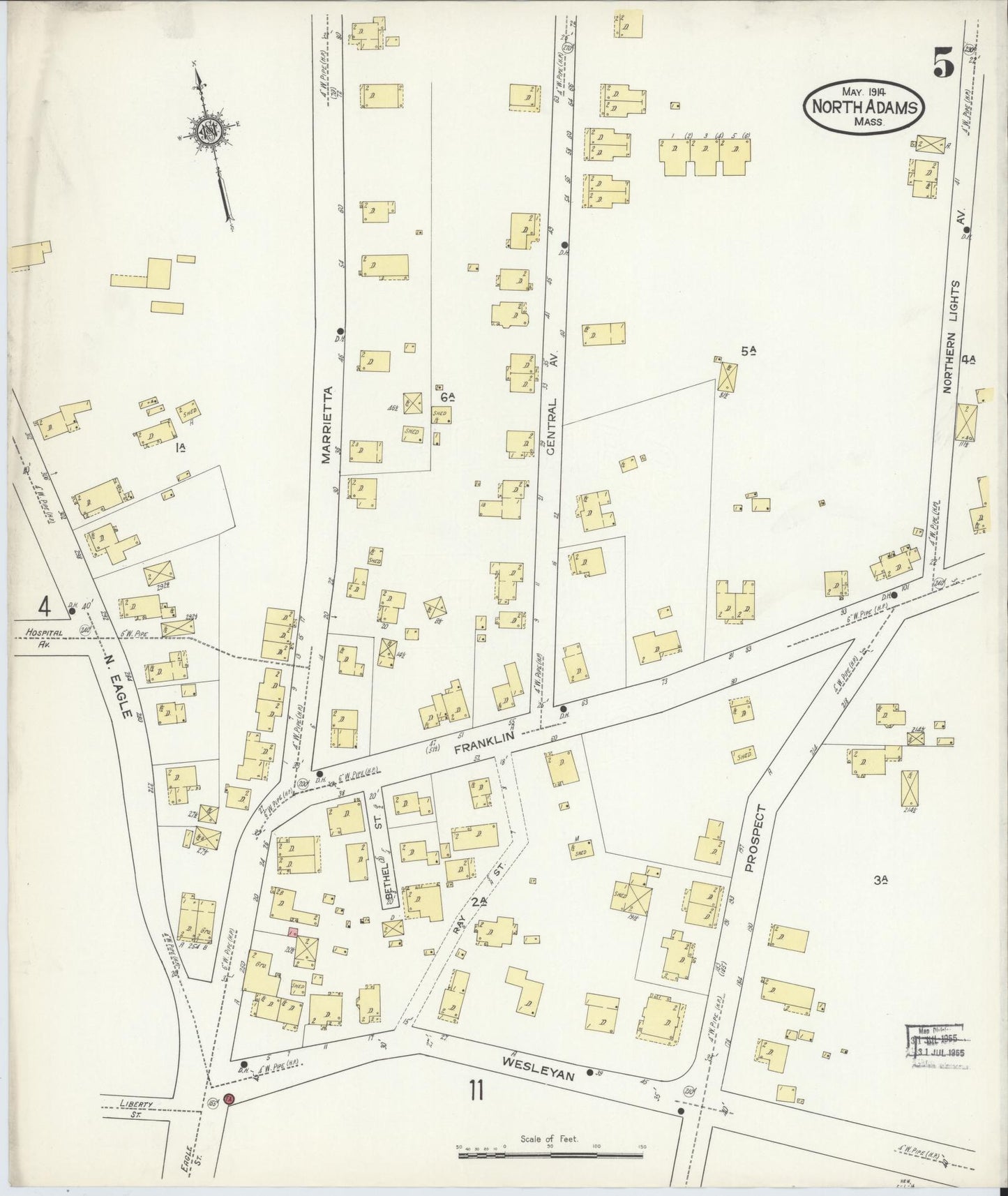 Sanborn Fire Insurance Map from North Adams, Berkshire County, Massachusetts (1914), Sheet #0005 - Historic Sanborn Fire Insurance Map Print, vintage old map wall art, antique decor, genealogy gift, Massachusetts Massachusetts map