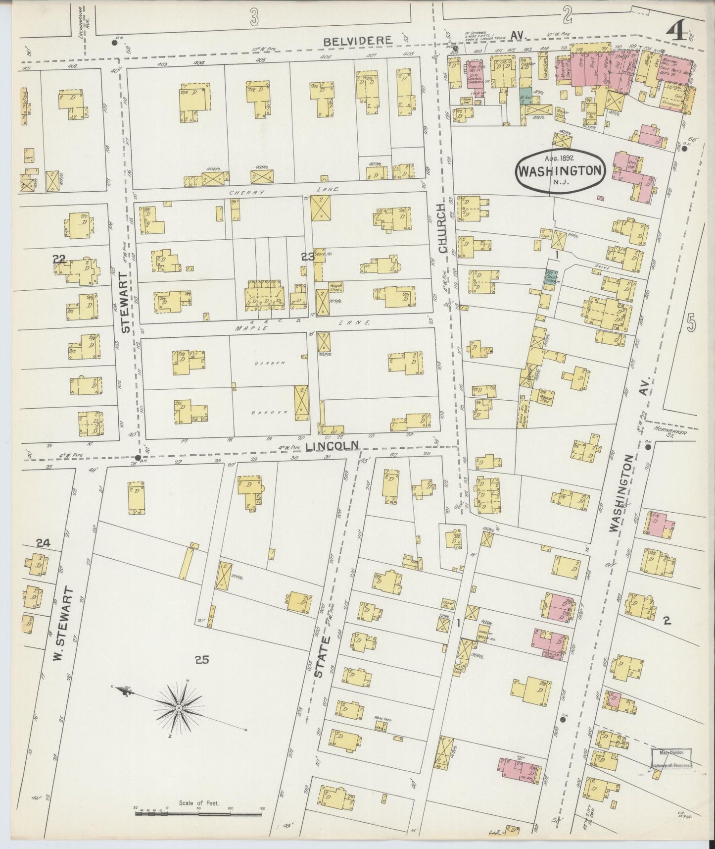 Sanborn Fire Insurance Map from Washington, Warren County, New Jersey (1892), Sheet #0004 - Historic Sanborn Fire Insurance Map Print, vintage old map wall art, antique decor, genealogy gift, Washington Washington map