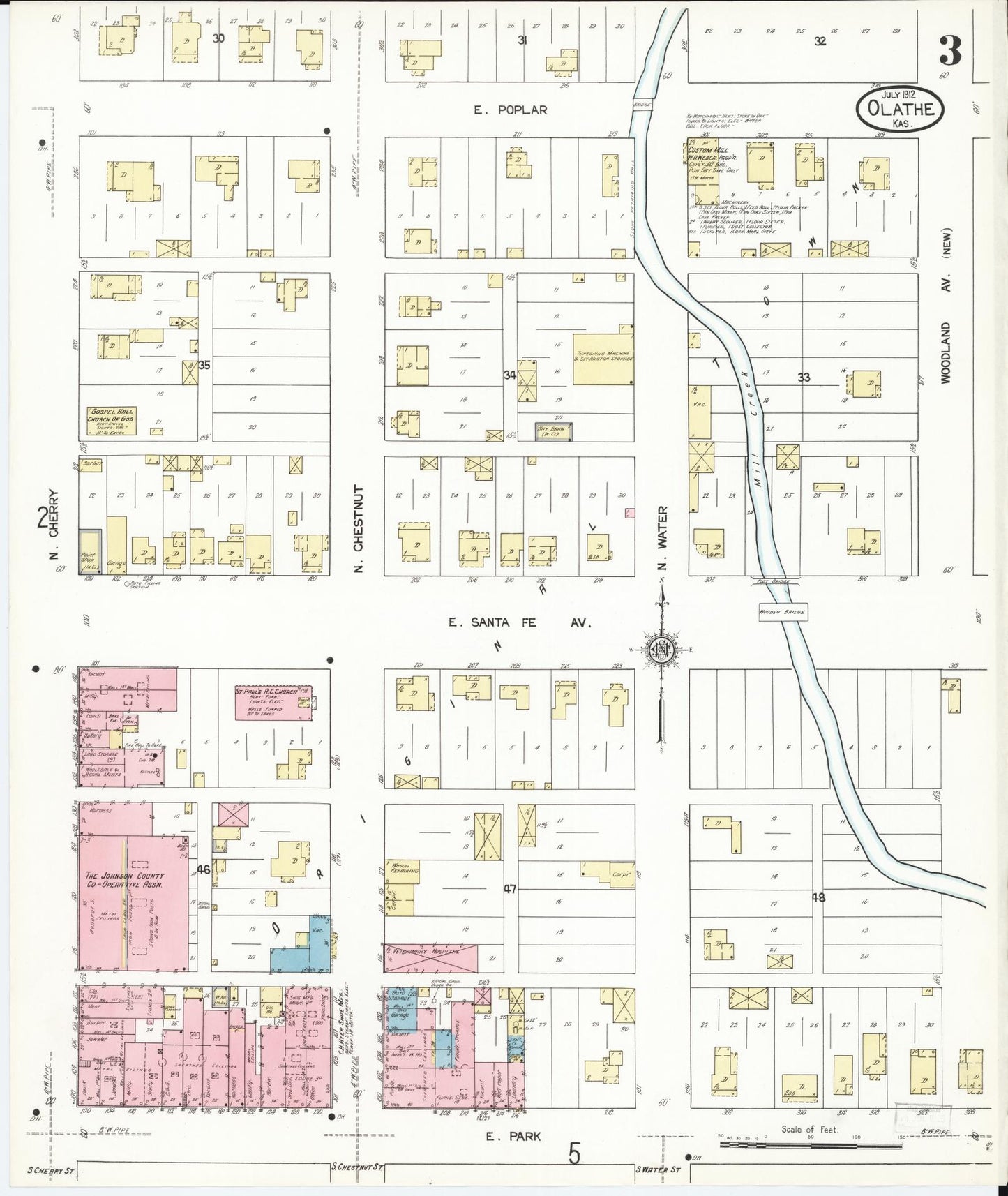 Sanborn Fire Insurance Map from Olathe, Johnson County, Kansas (1912), Sheet #0003 - Historic Sanborn Fire Insurance Map Print, vintage old map wall art, antique decor, genealogy gift, Kansas Kansas map