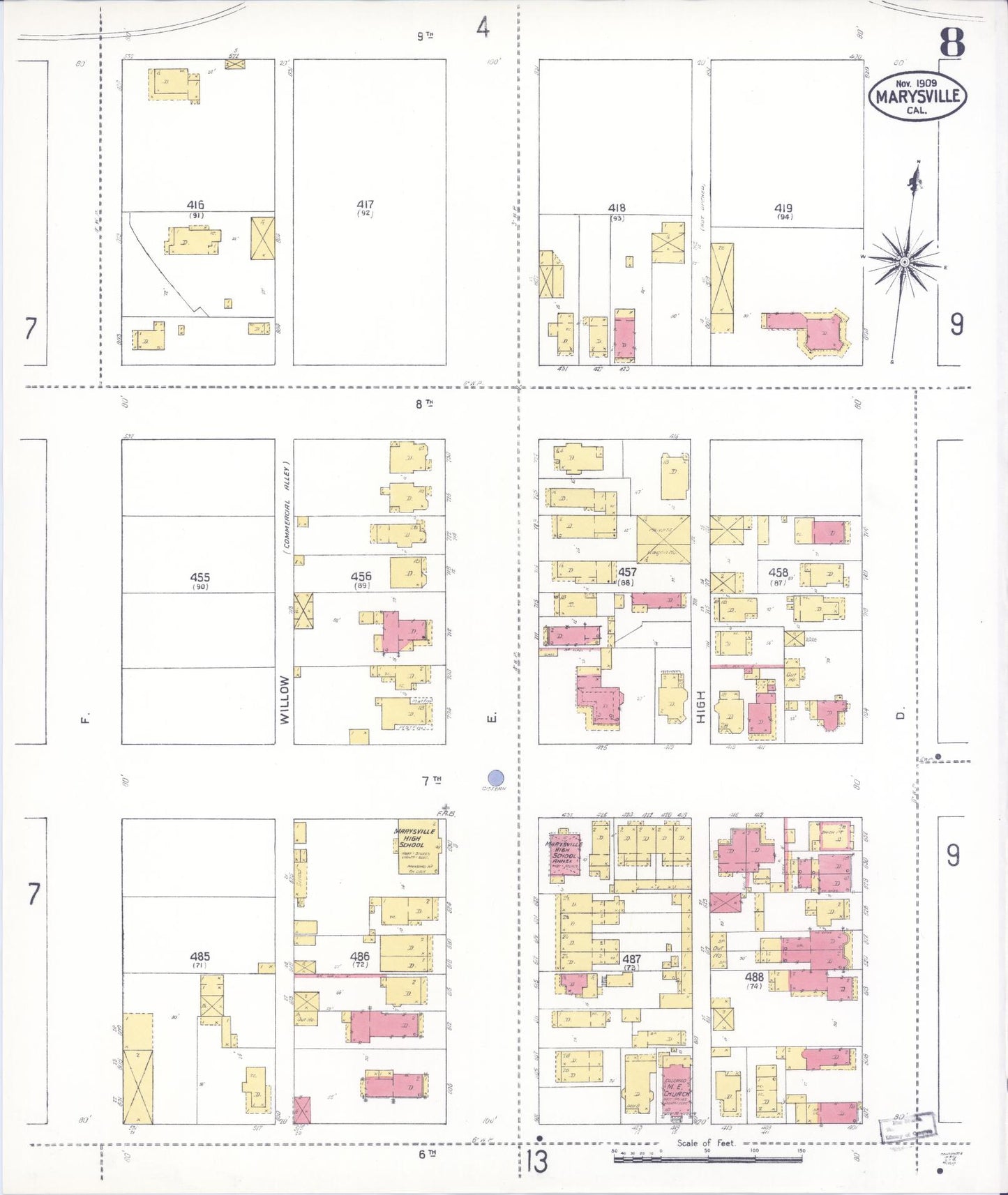 Sanborn Fire Insurance Map from Marysville, Yuba County, California (1909), Sheet #0008 - Historic Sanborn Fire Insurance Map Print, vintage old map wall art, antique decor, genealogy gift, California California map