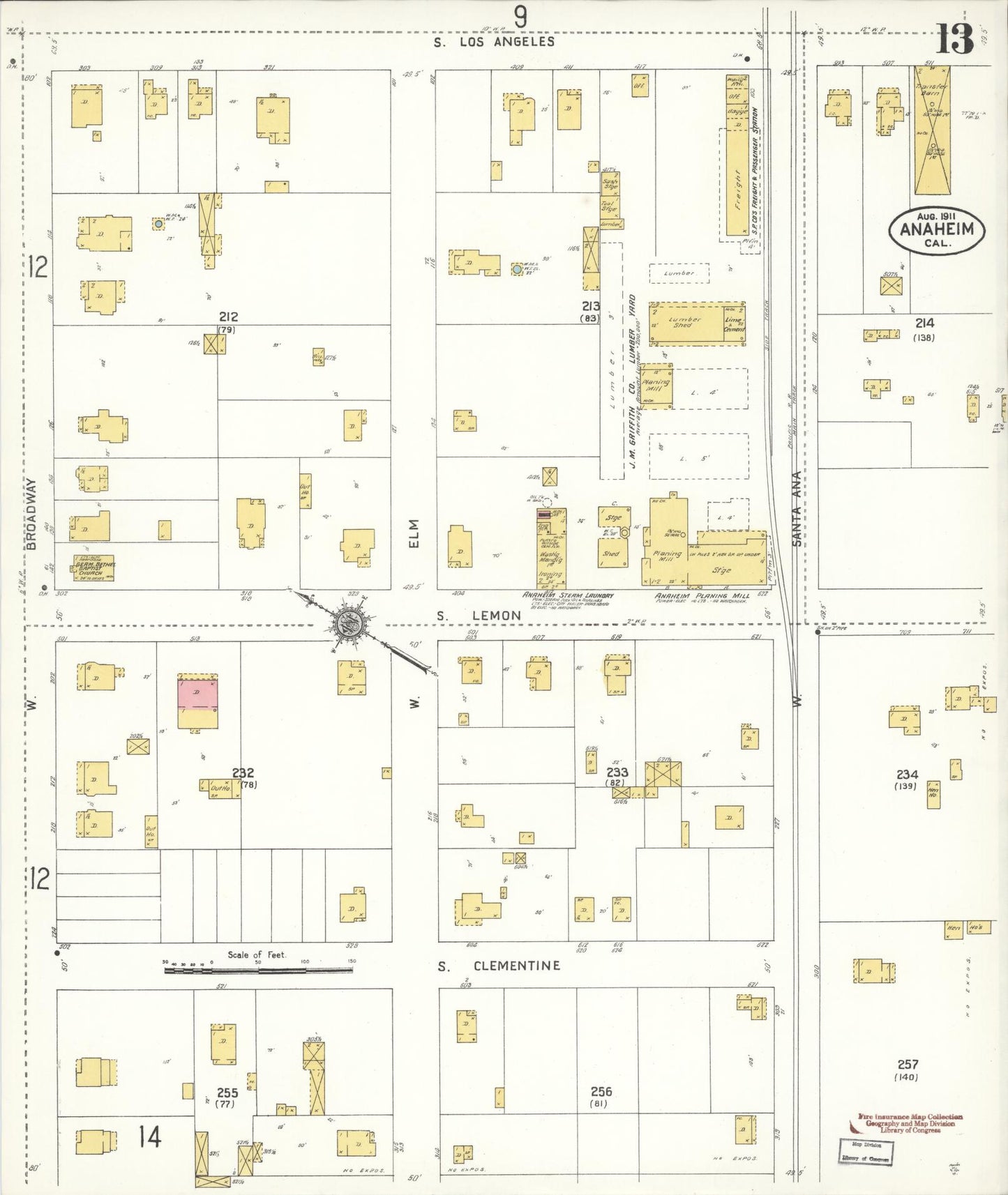 Sanborn Fire Insurance Map from Anaheim, Orange County, California (1911), Sheet #0013 - Historic Sanborn Fire Insurance Map Print, vintage old map wall art, antique decor, genealogy gift, California California map