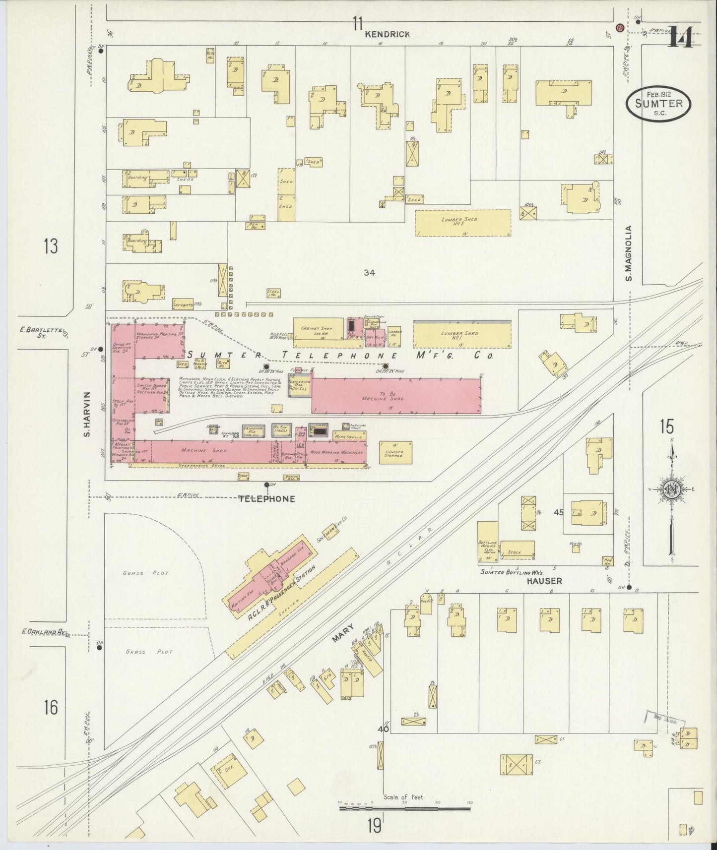 Sanborn Fire Insurance Map from Sumter, Sumter County, South Carolina (1912), Sheet #0014 - Historic Sanborn Fire Insurance Map Print, vintage old map wall art, antique decor, genealogy gift, South Carolina South Carolina map