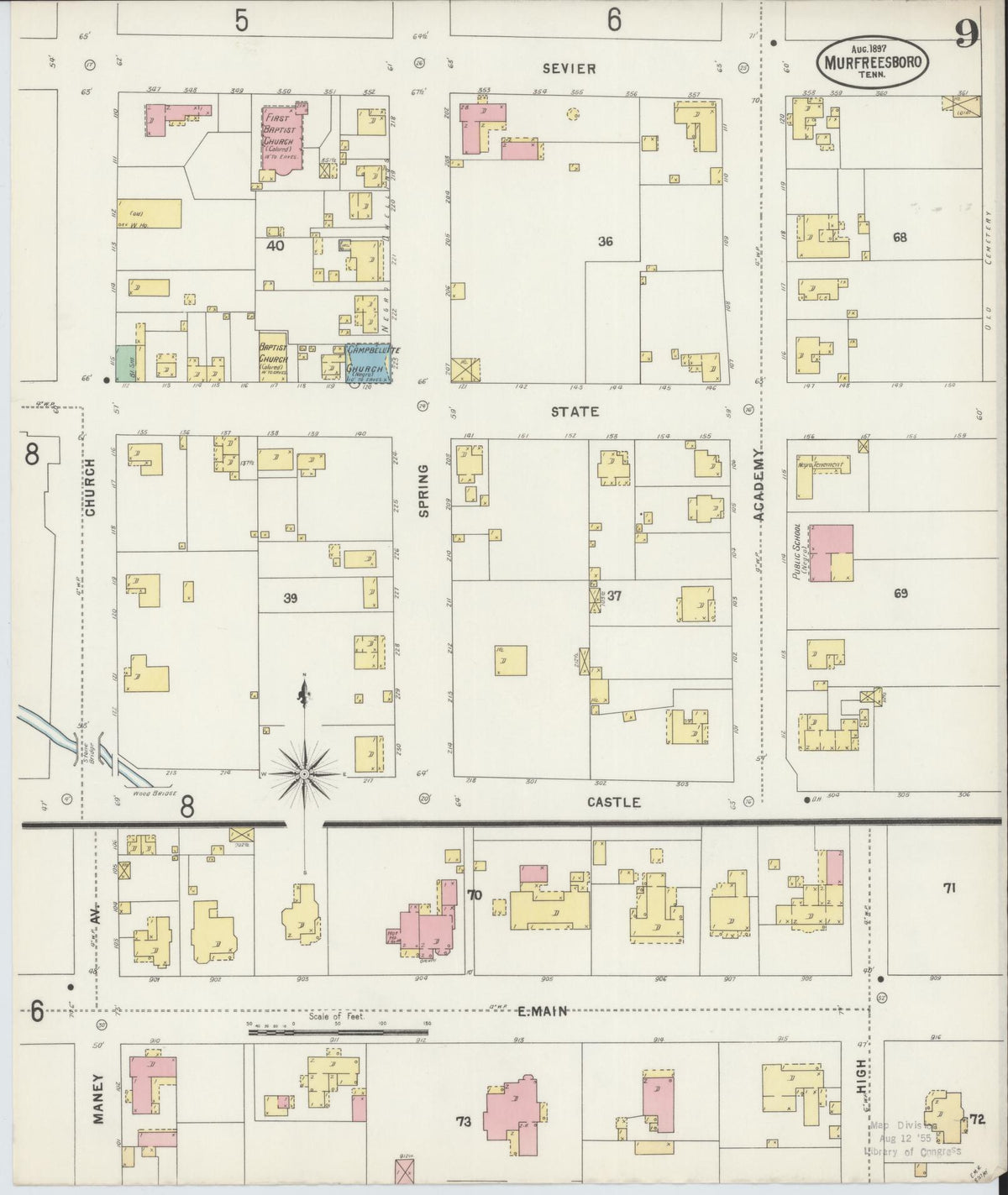Sanborn Fire Insurance Map from Murfreesboro, Rutherford County, Tennessee (1897), Sheet #0009 - Complete Map Set gallery image, historic Sanborn map, vintage wall art, Tennessee Tennessee
