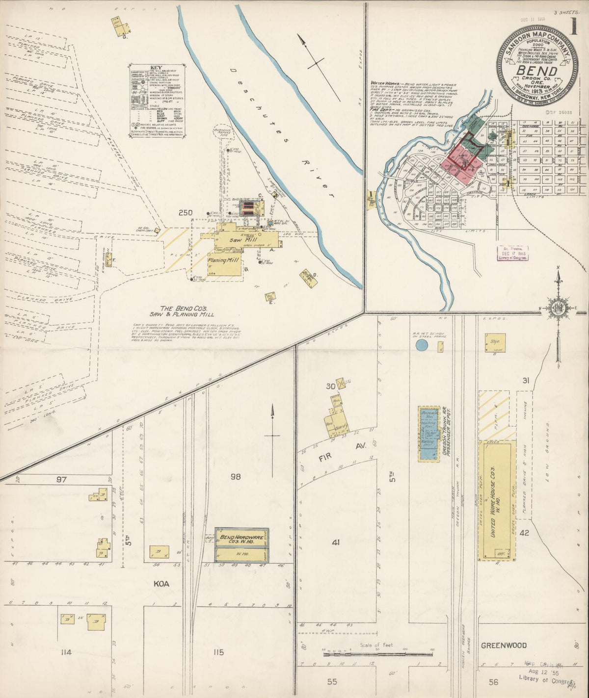 Sanborn Fire Insurance Map from Bend, Deschutes County, Oregon (1913), Sheet #0001 - Historic Sanborn Fire Insurance Map Print, vintage old map wall art, antique decor, genealogy gift, Oregon Oregon map