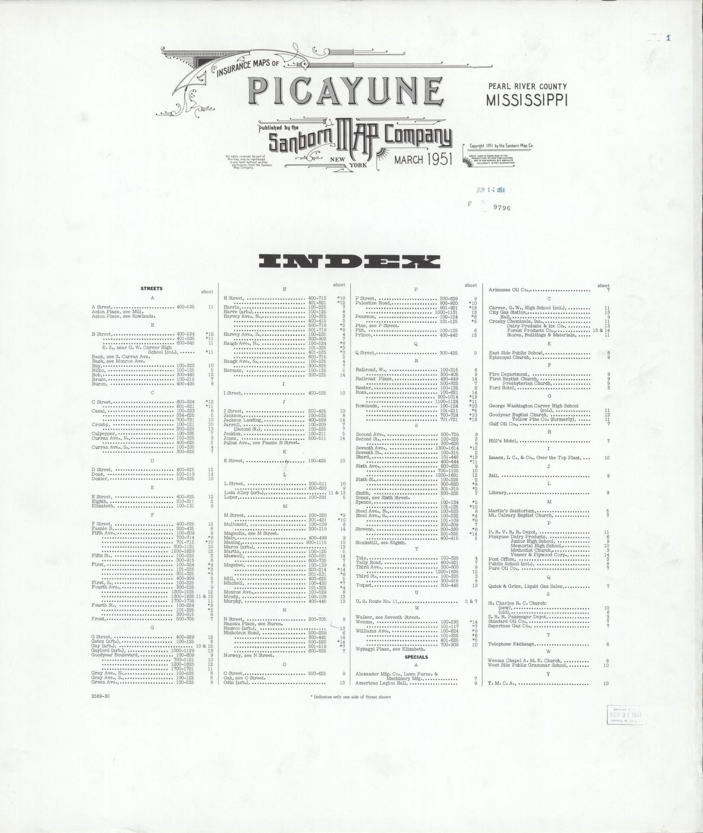 Sanborn Fire Insurance Map from Picayune, Pearl River County, Mississippi (1951), Sheet #0001 - Historic Sanborn Fire Insurance Map Print, vintage old map wall art, antique decor, genealogy gift, Mississippi Mississippi map