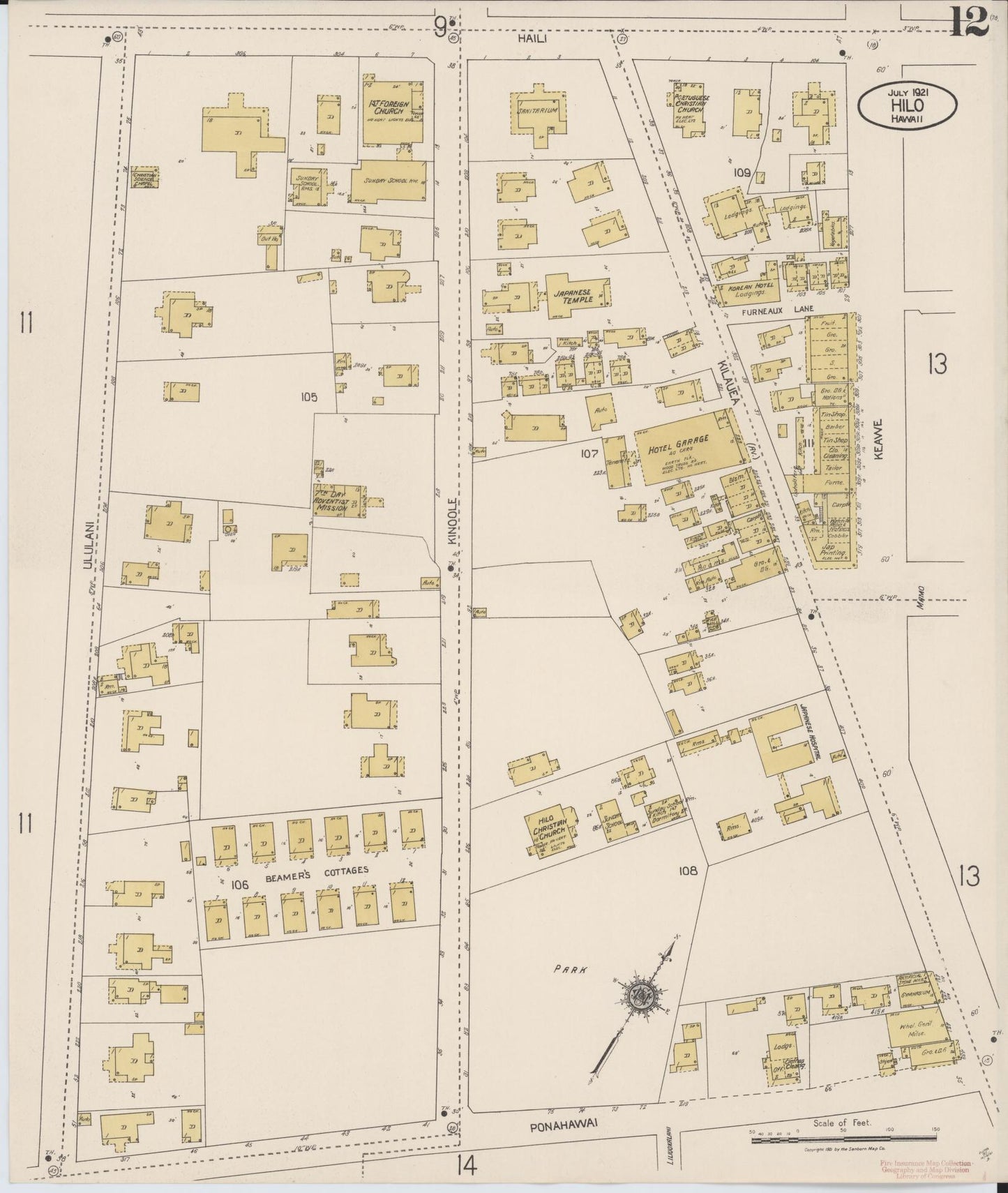Sanborn Fire Insurance Map from Hilo, Hawaii County, Hawaii (1921), Sheet #0012 - Historic Sanborn Fire Insurance Map Print, vintage old map wall art