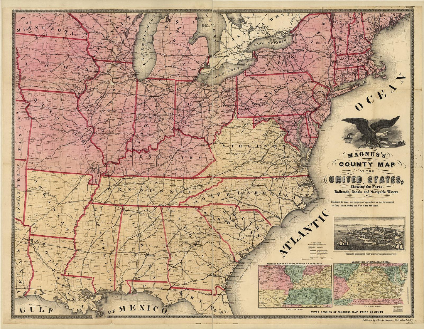 Magnus's county map of the United States, showing the forts, railroads, canals, and navigable waters. Published to trace the progress of operations by the government, as they occur, during the War of the Rebellion. Civil War Map (1862) - Historic Battlefi