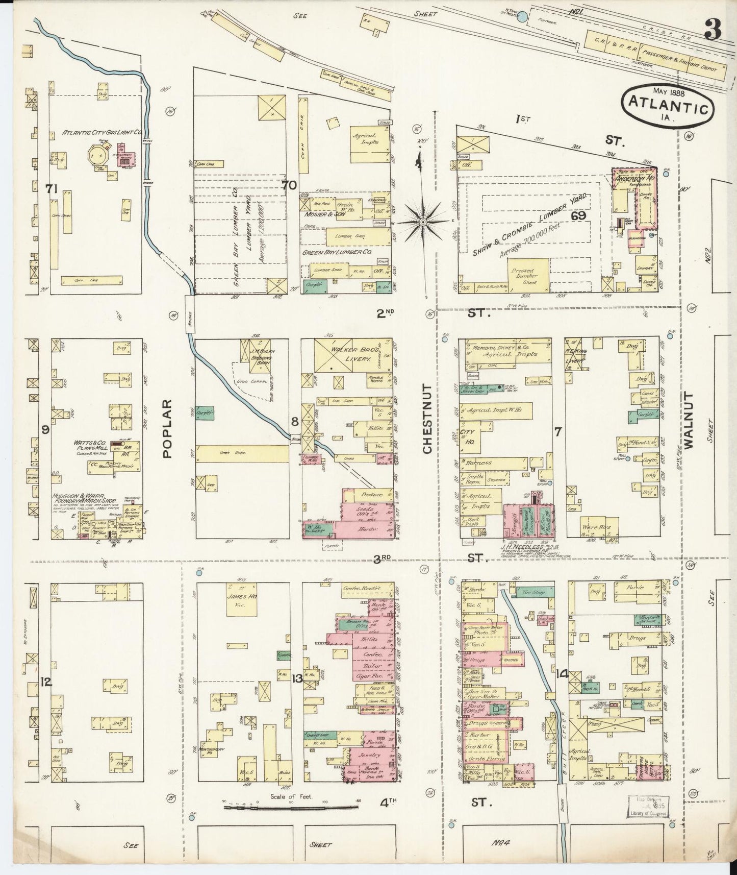 Sanborn Fire Insurance Map from Atlantic, Cass County, Iowa (1888), Sheet #0003 - Historic Sanborn Fire Insurance Map Print, vintage old map wall art