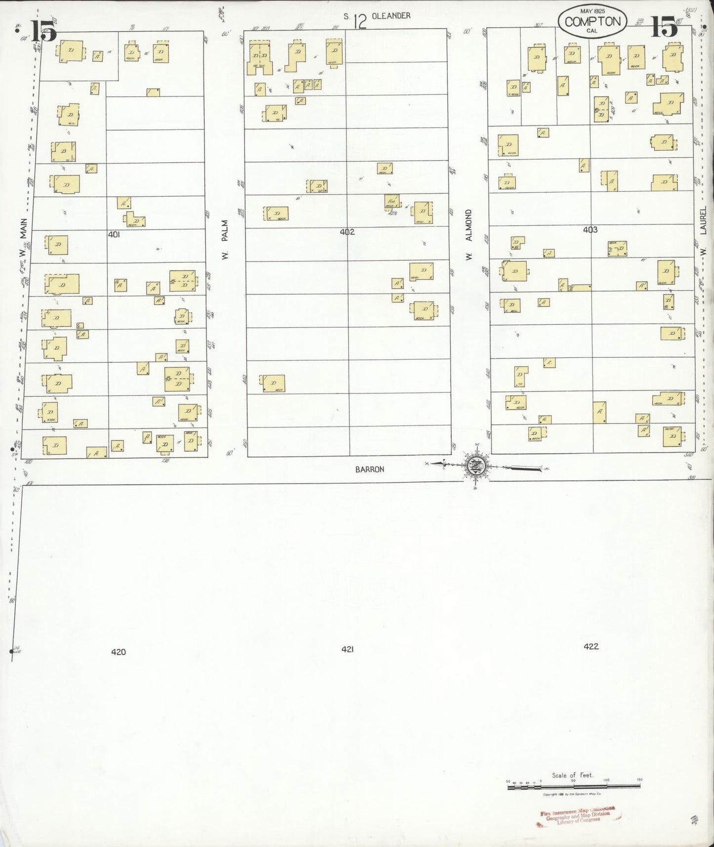 Sanborn Fire Insurance Map from Compton, Los Angeles County, California (1925), Sheet #0015 - Complete Map Set gallery image, historic Sanborn map, vintage wall art, California California