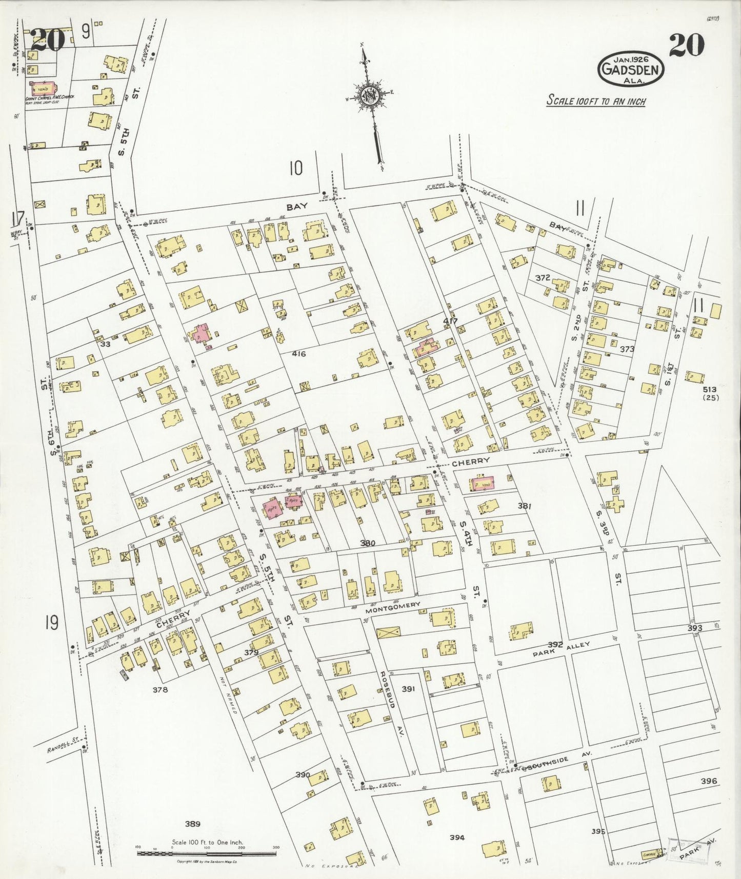Sanborn Fire Insurance Map from Gadsden, Etowah County, Alabama (1926), Sheet #0020 - Historic Sanborn Fire Insurance Map Print, vintage old map wall art, antique decor, genealogy gift, Alabama Alabama map