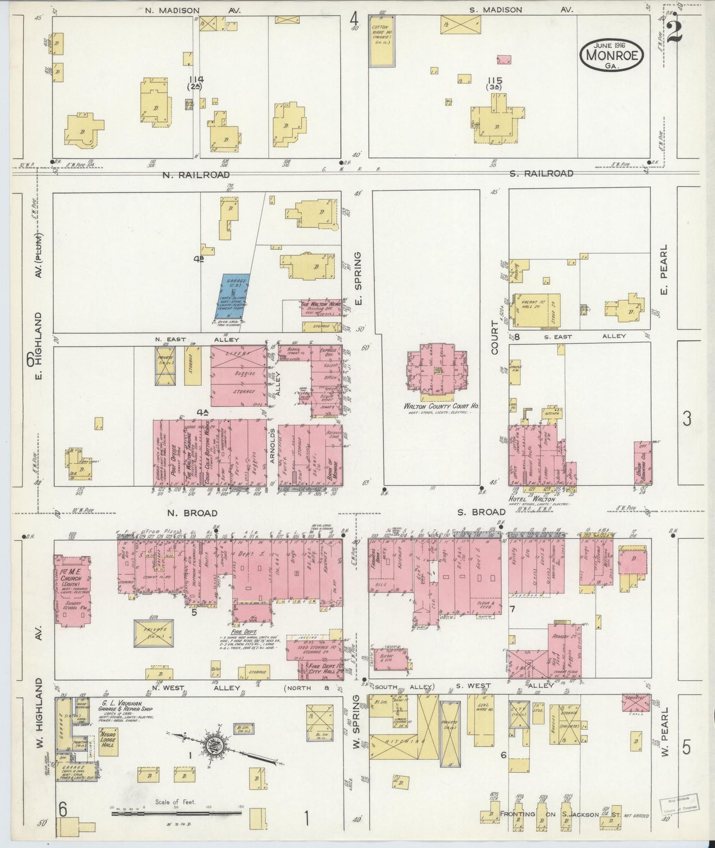 Sanborn Fire Insurance Map from Monroe, Walton County, Georgia (1916), Sheet #0002 - Historic Sanborn Fire Insurance Map Print, vintage old map wall art, antique decor, genealogy gift, Georgia Georgia map