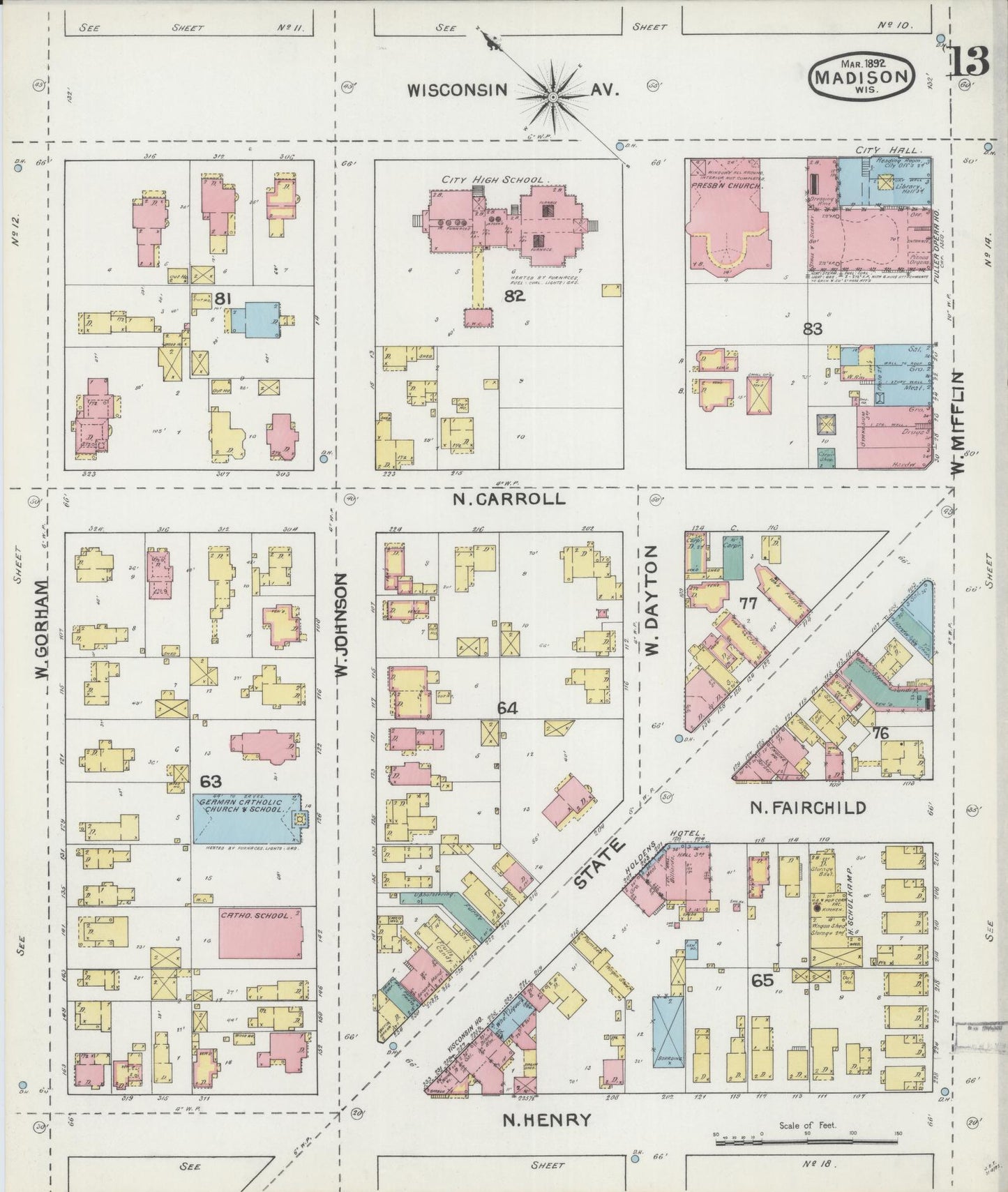 Sanborn Fire Insurance Map from Madison, Dane County, Wisconsin (1892), Sheet #0013 - Historic Sanborn Fire Insurance Map Print, vintage old map wall art, antique decor, genealogy gift, Wisconsin Wisconsin map