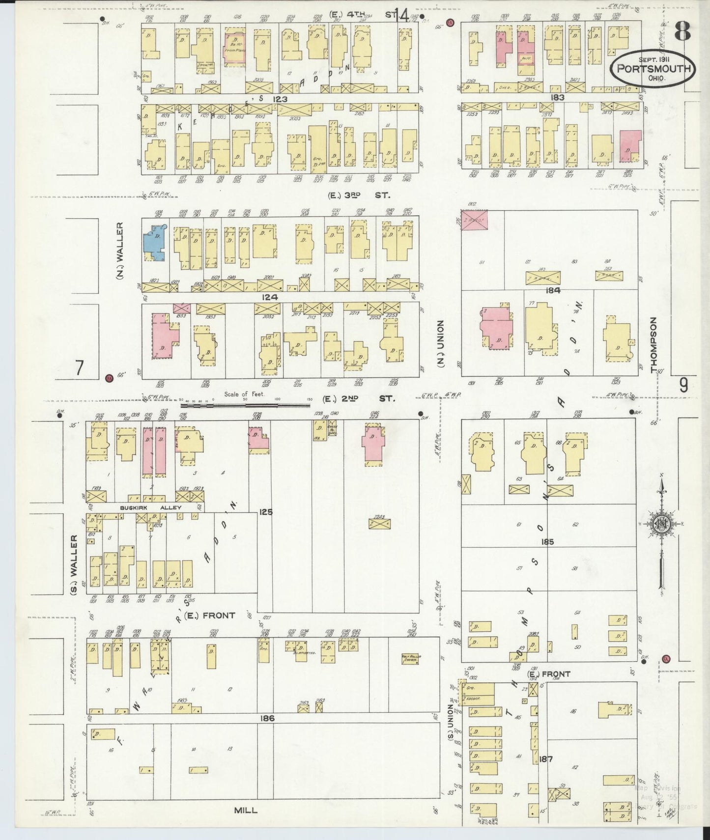 Sanborn Fire Insurance Map from Portsmouth, Scioto County, Ohio (1911), Sheet #0008 - Historic Sanborn Fire Insurance Map Print, vintage old map wall art, antique decor, genealogy gift, Ohio Ohio map