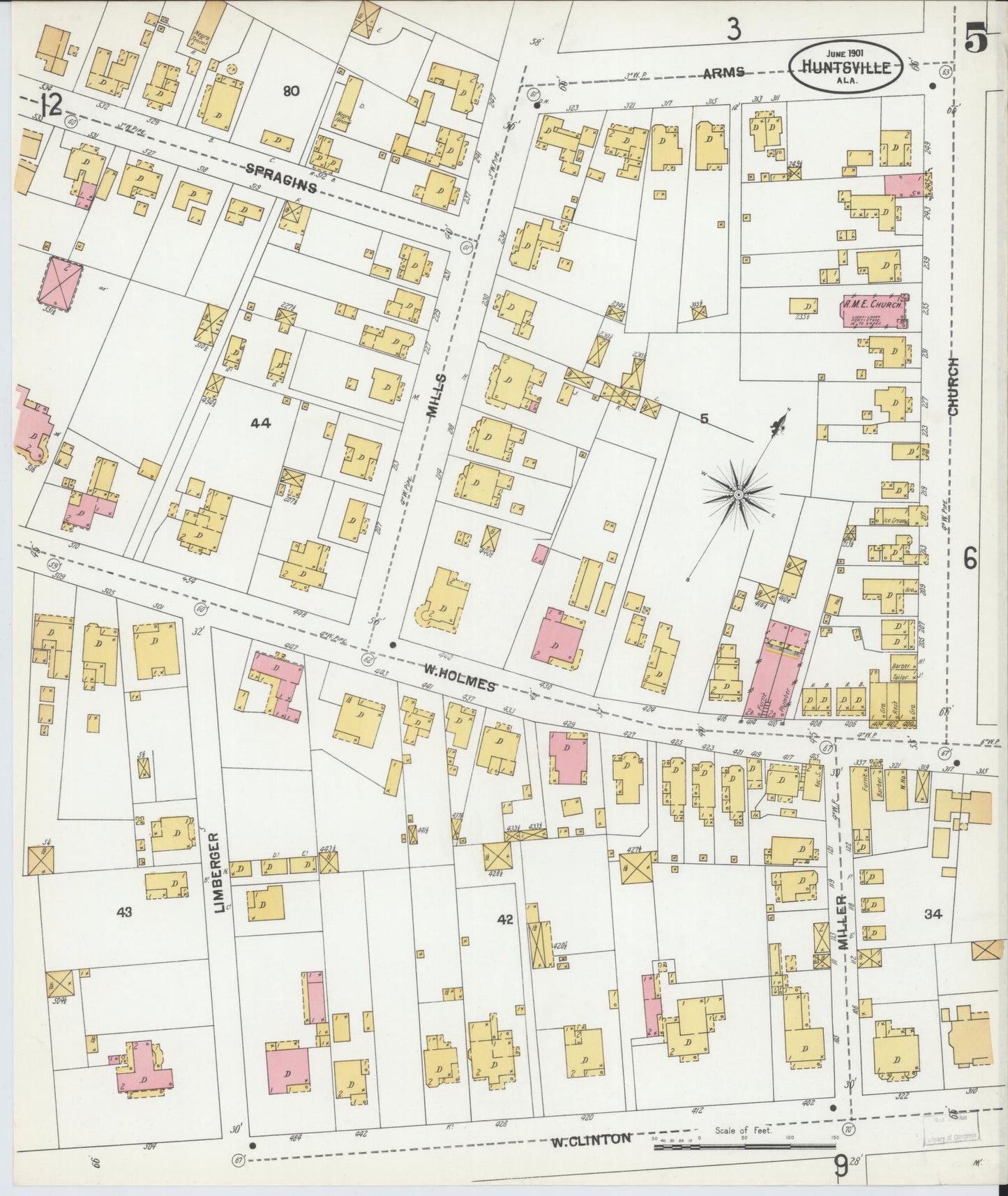 Sanborn Fire Insurance Map from Huntsville, Madison County, Alabama (1901), Sheet #0005 - Historic Sanborn Fire Insurance Map Print, vintage old map wall art, antique decor, genealogy gift, Alabama Alabama map