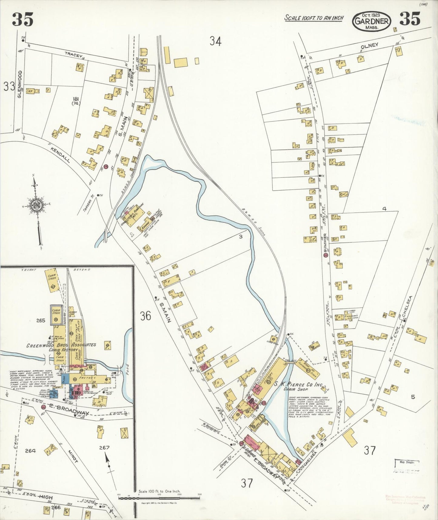 Sanborn Fire Insurance Map from Gardner, Worcester County, Massachusetts (1923), Sheet #0035 - Historic Sanborn Fire Insurance Map Print, vintage old map wall art, antique decor, genealogy gift, Massachusetts Massachusetts map