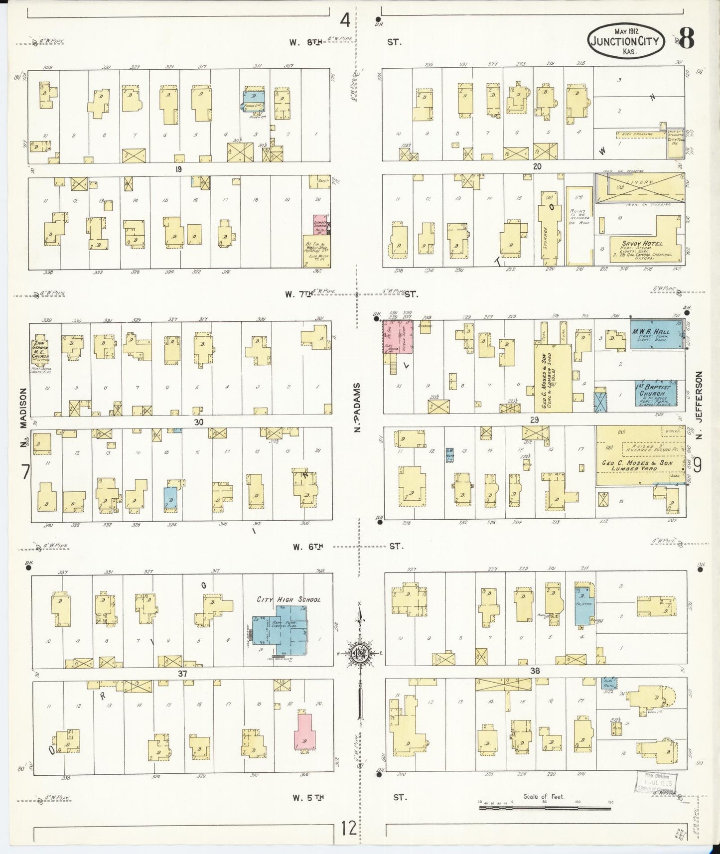 Sanborn Fire Insurance Map from Junction City, Geary County, Kansas (1912), Sheet #0008 - Historic Sanborn Fire Insurance Map Print, vintage old map wall art, antique decor, genealogy gift, Kansas Kansas map