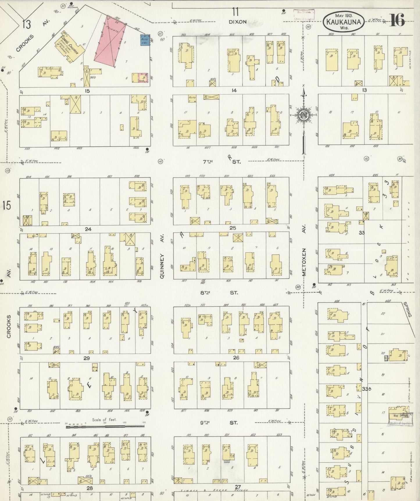 Sanborn Fire Insurance Map from Kaukauna, Outagamie County, Wisconsin (1913), Sheet #0016 - Historic Sanborn Fire Insurance Map Print, vintage old map wall art, antique decor, genealogy gift, Wisconsin Wisconsin map